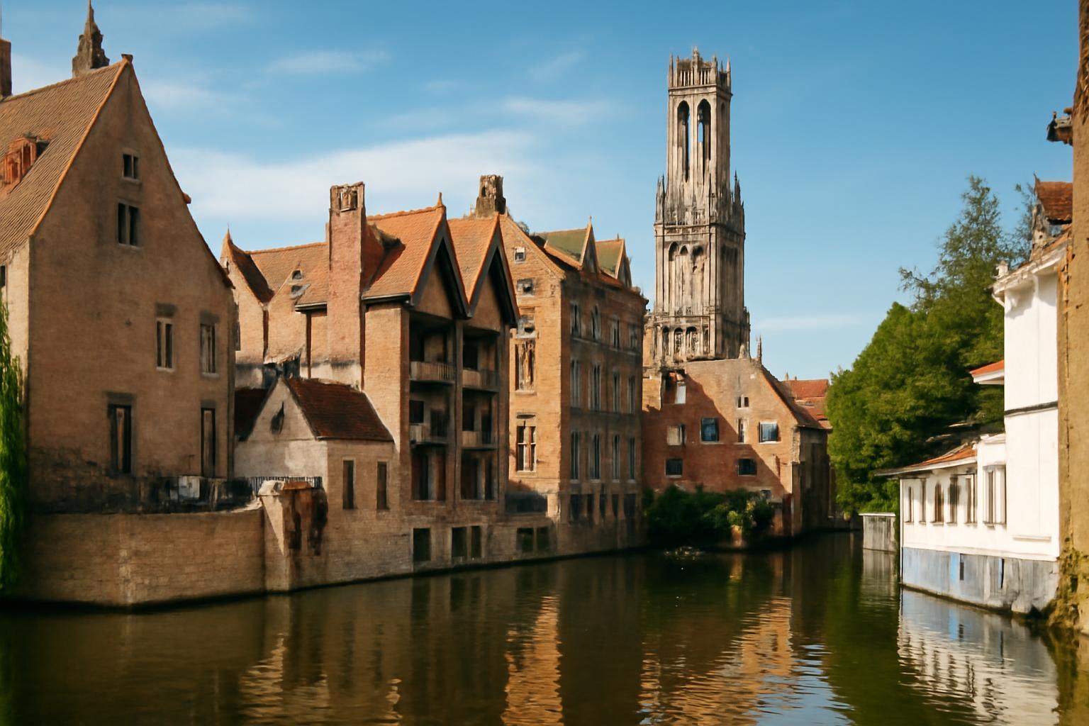 Brugge csatornája mellett álló történelmi épületek és harangtorony.