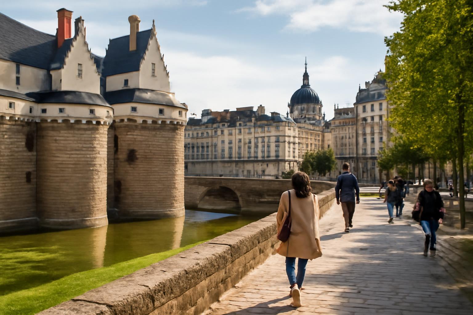 Nantes városának sétálóutcája, a múzeumok és történelmi épületek között.