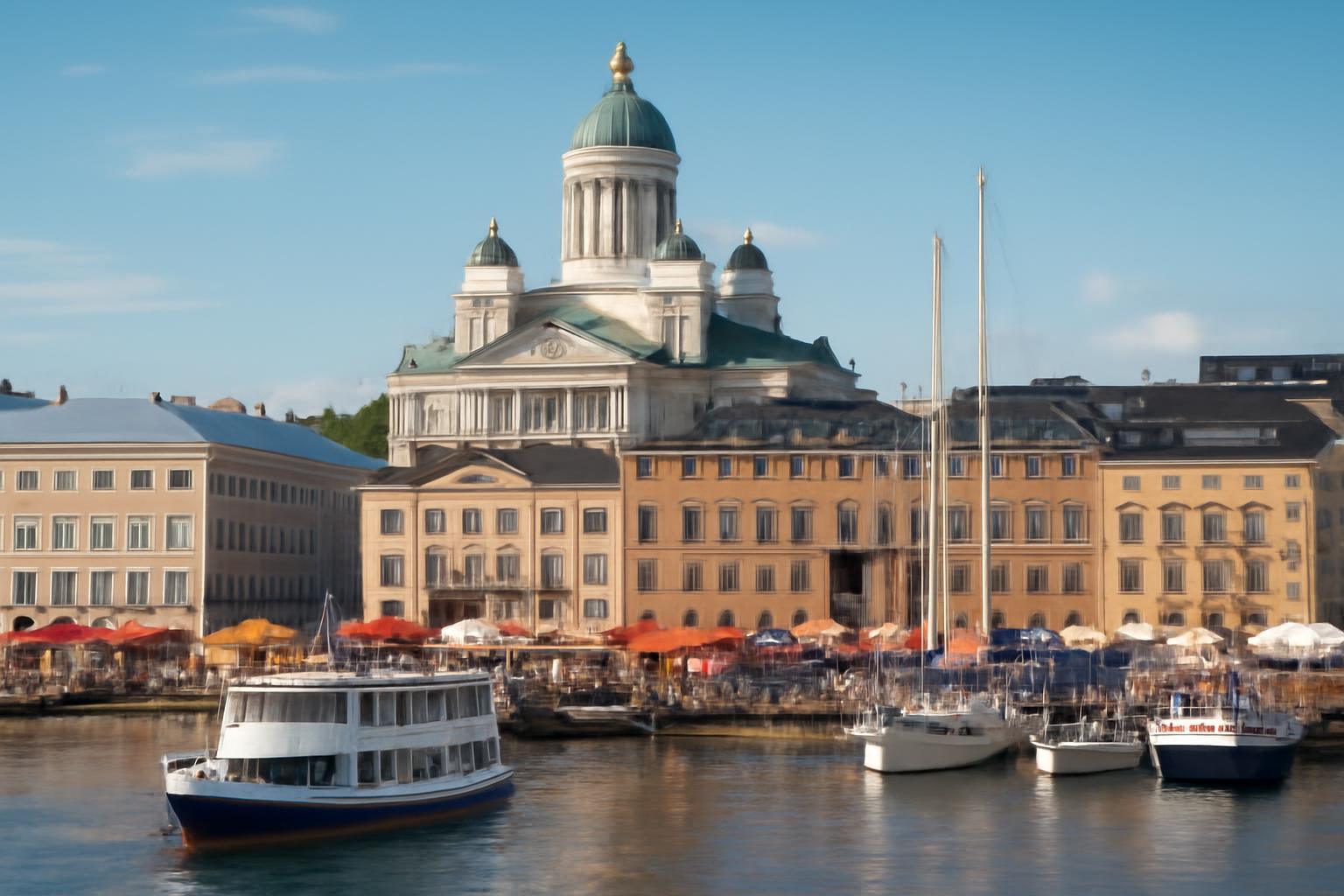 Helsinki Szenátus tér és kikötője, hajók a vízen, gyönyörű épületek háttérben.