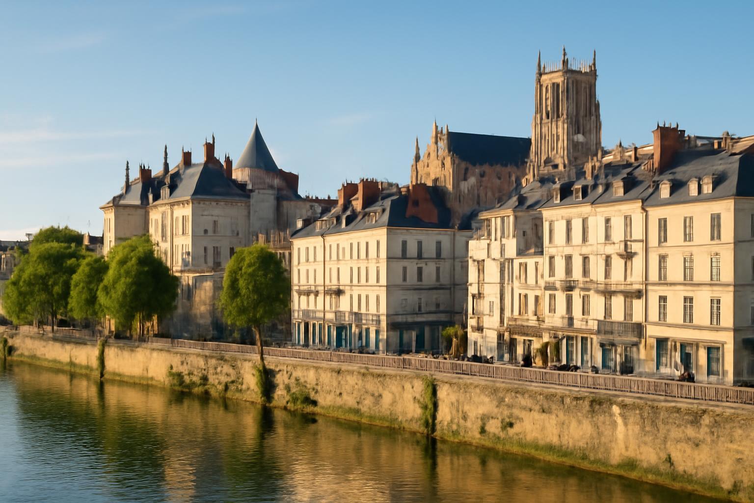 A Nantes-i folyóparton álló történelmi épületek és zöld fák látképe.