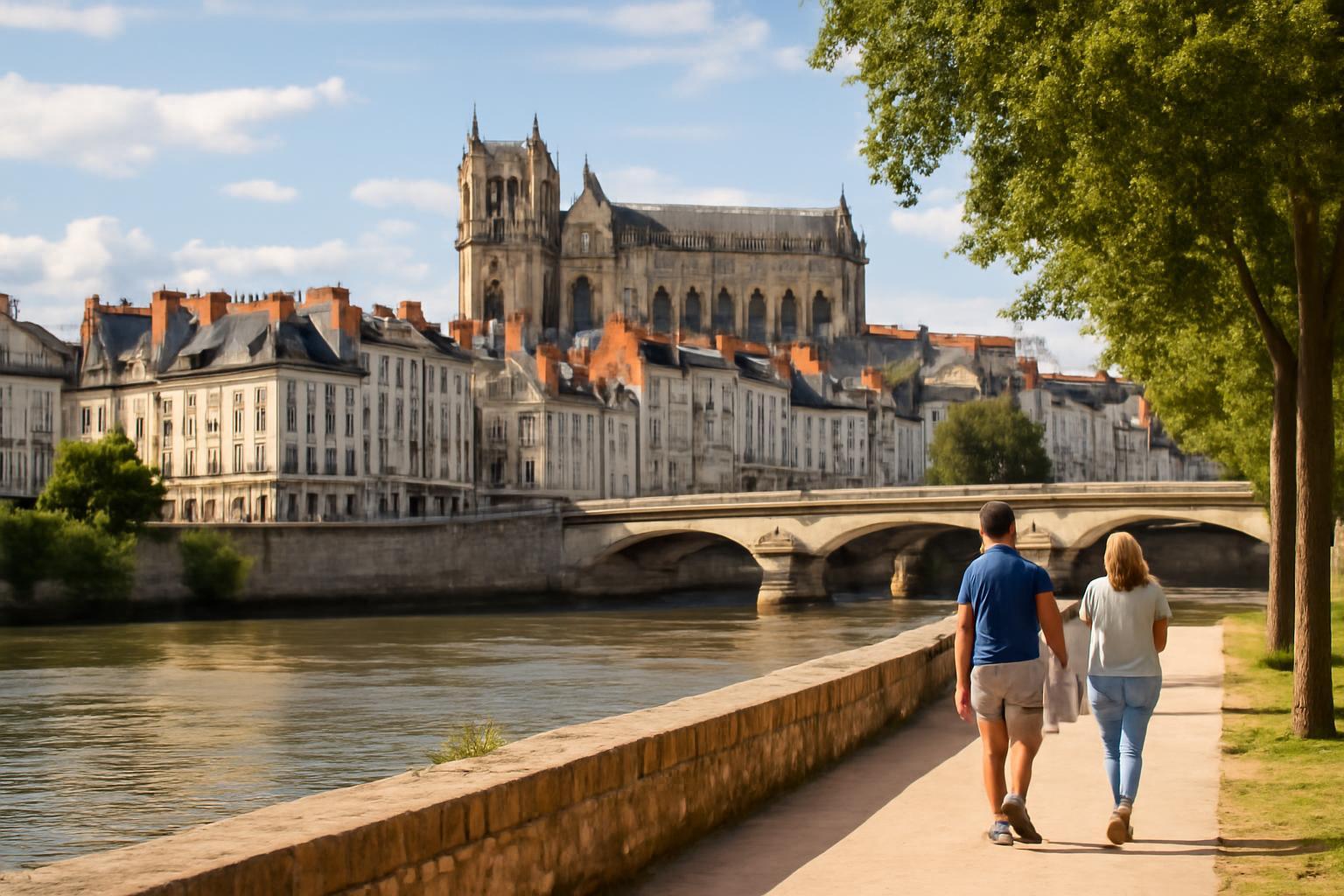 Két ember sétál a Loire folyó partján Nantes városában, háttérben a katedrális.
