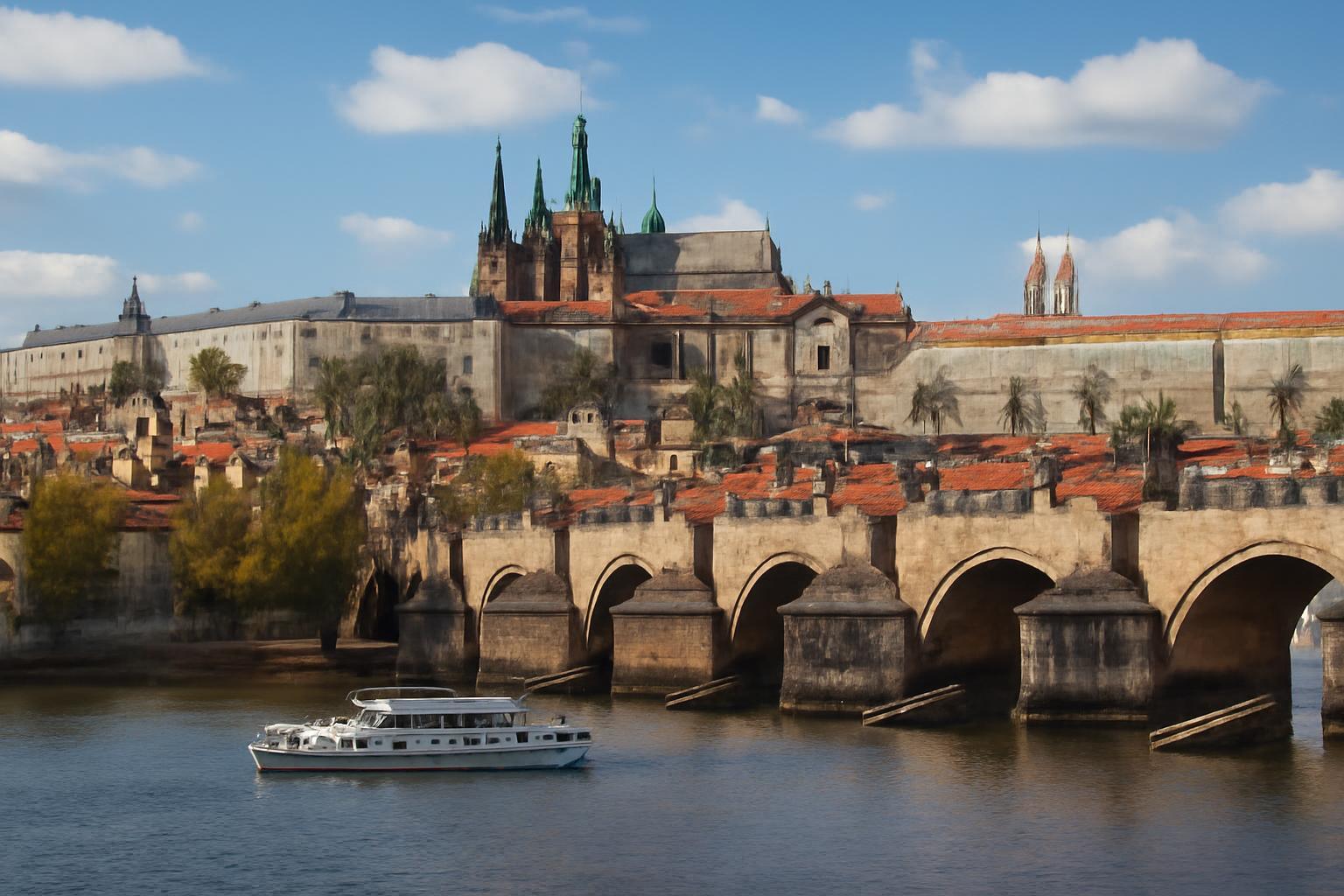 A Vltava folyón hajózva látható a prágai vár és a híres Károly híd.