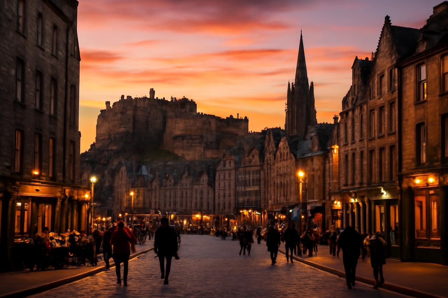 Edinburgh történelmi utcái naplementében, emberek sétálnak a bárok mellett.