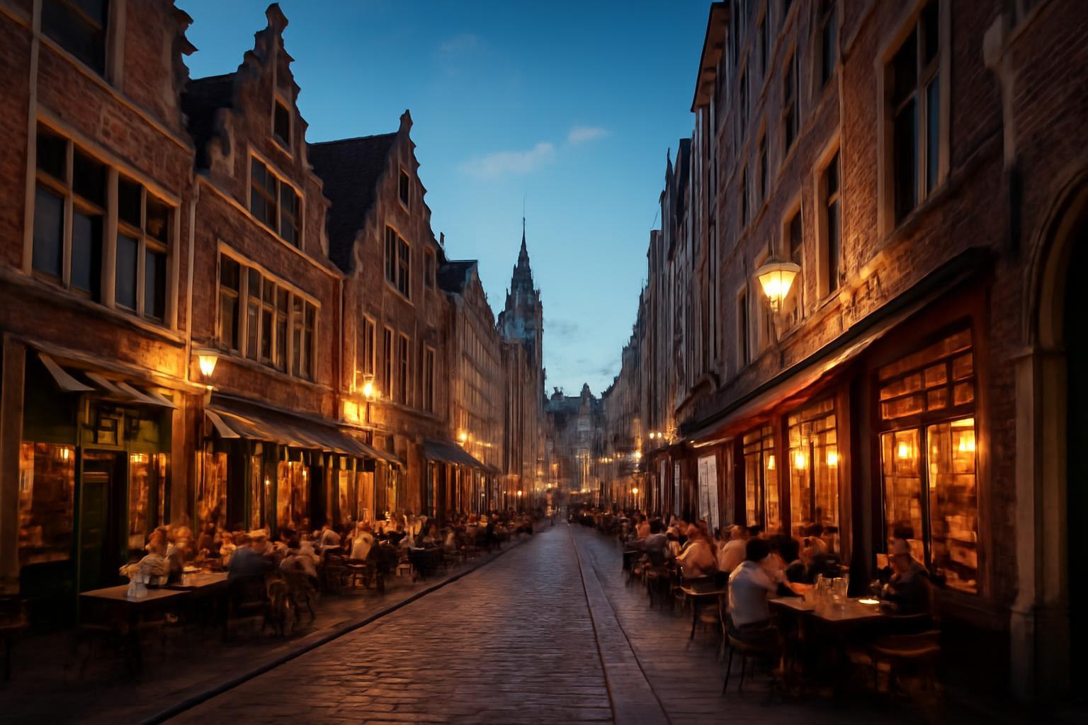 Gent hangulatos utcája, világító lámpásokkal és éttermekkel, este.