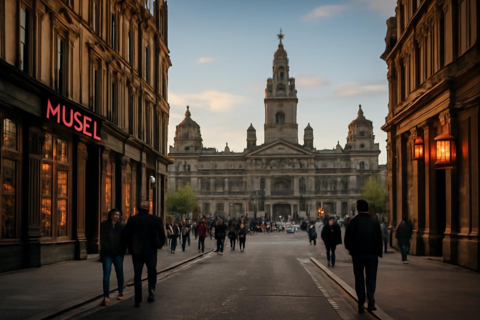 Glasgow utcája, emberek sétálnak a város központjában, háttérben a városháza.