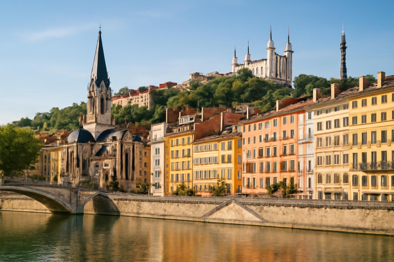 Lyon városának panorámája a folyóparton, színes házakkal és templommal.