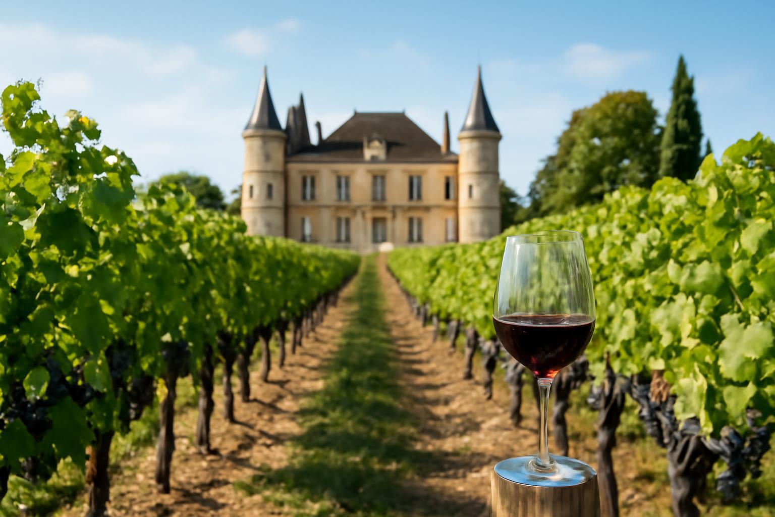 Bordeaux borvidékén egy pohár vörösbor áll a szőlőtőkék között, háttérben egy gyönyörű kastély látható.