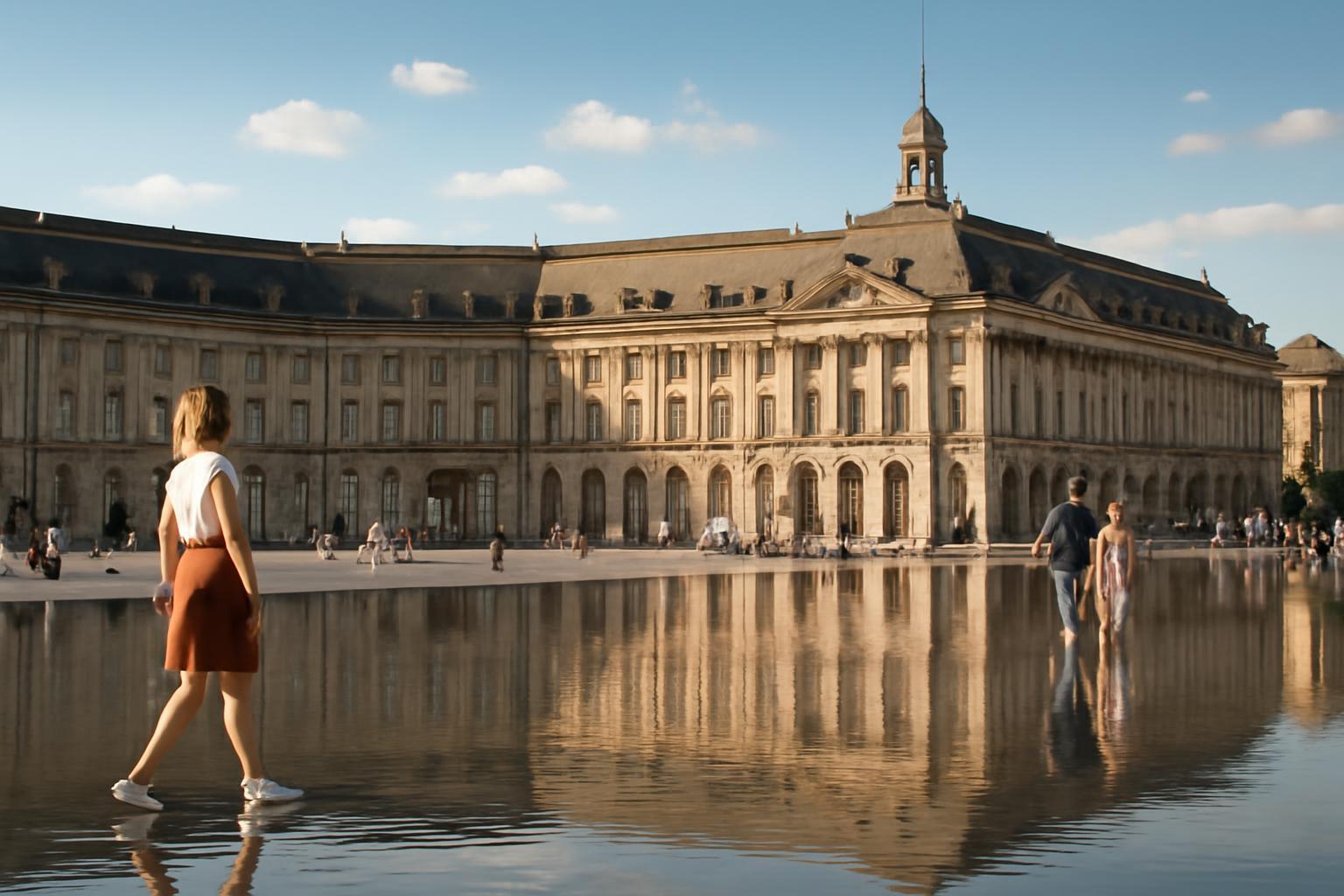 Egy nő sétál a Place de la Bourse vízfelületén Bordeaux-ban, háttérben a gyönyörű épülettel.