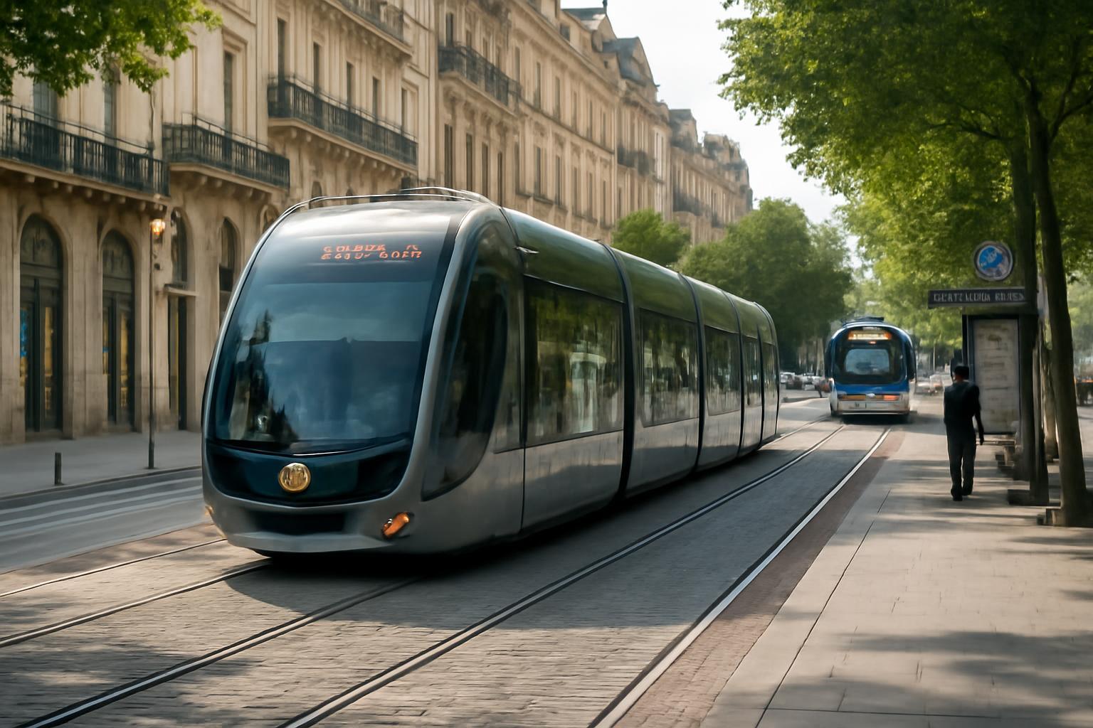 Modern villamos közlekedik Bordeaux utcáin, zöld fákkal szegélyezett környezetben.