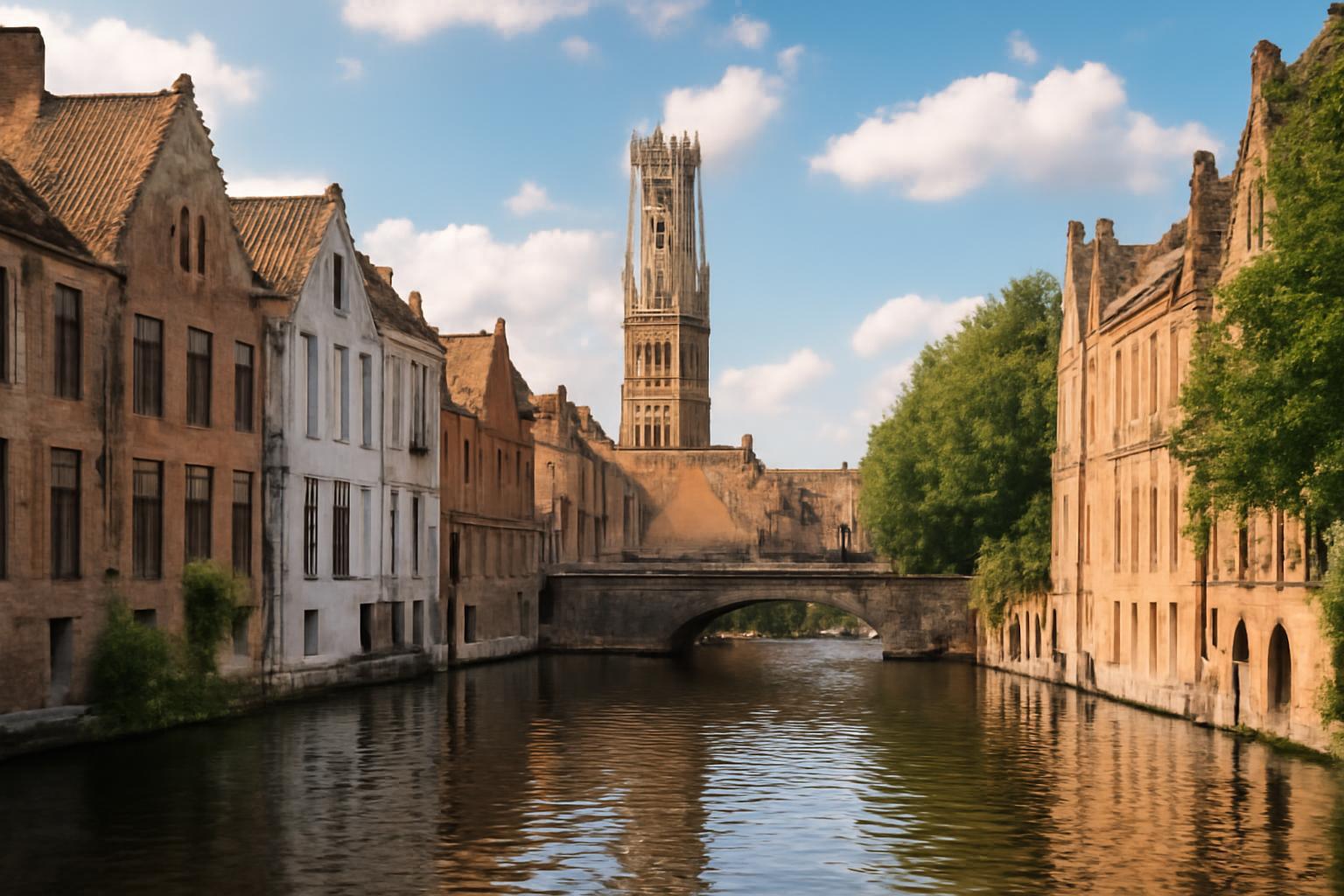 Brugge csatornája mellett álló középkori épületek és harangtorony.