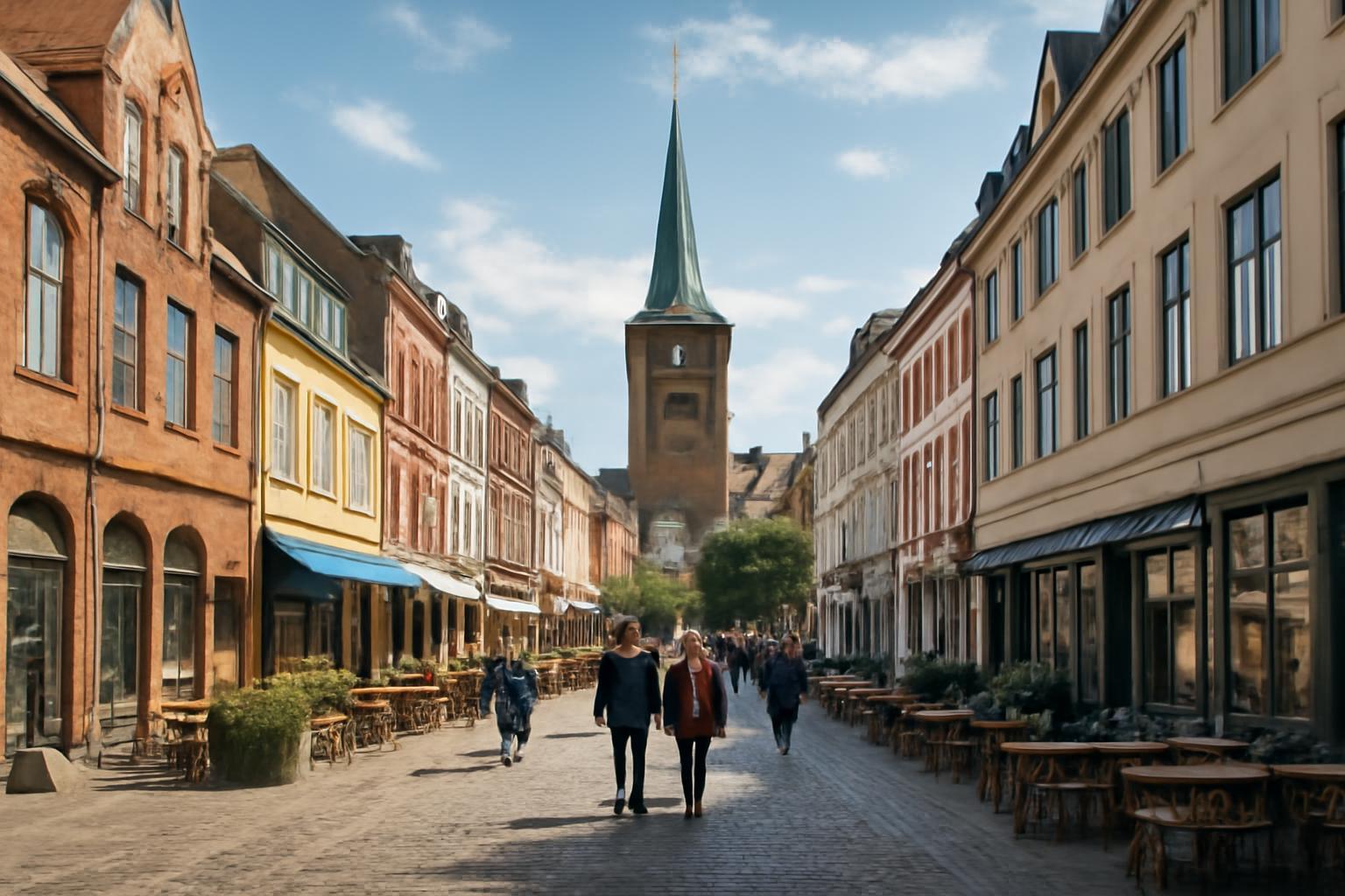 Két ember sétál a festői utcán Aarhusban, a színes házak között.