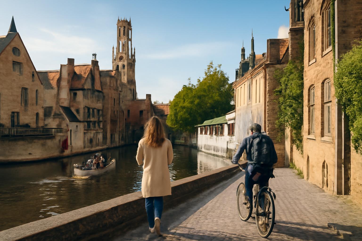 Két ember sétál és kerékpározik Brugge festői csatornája mellett.