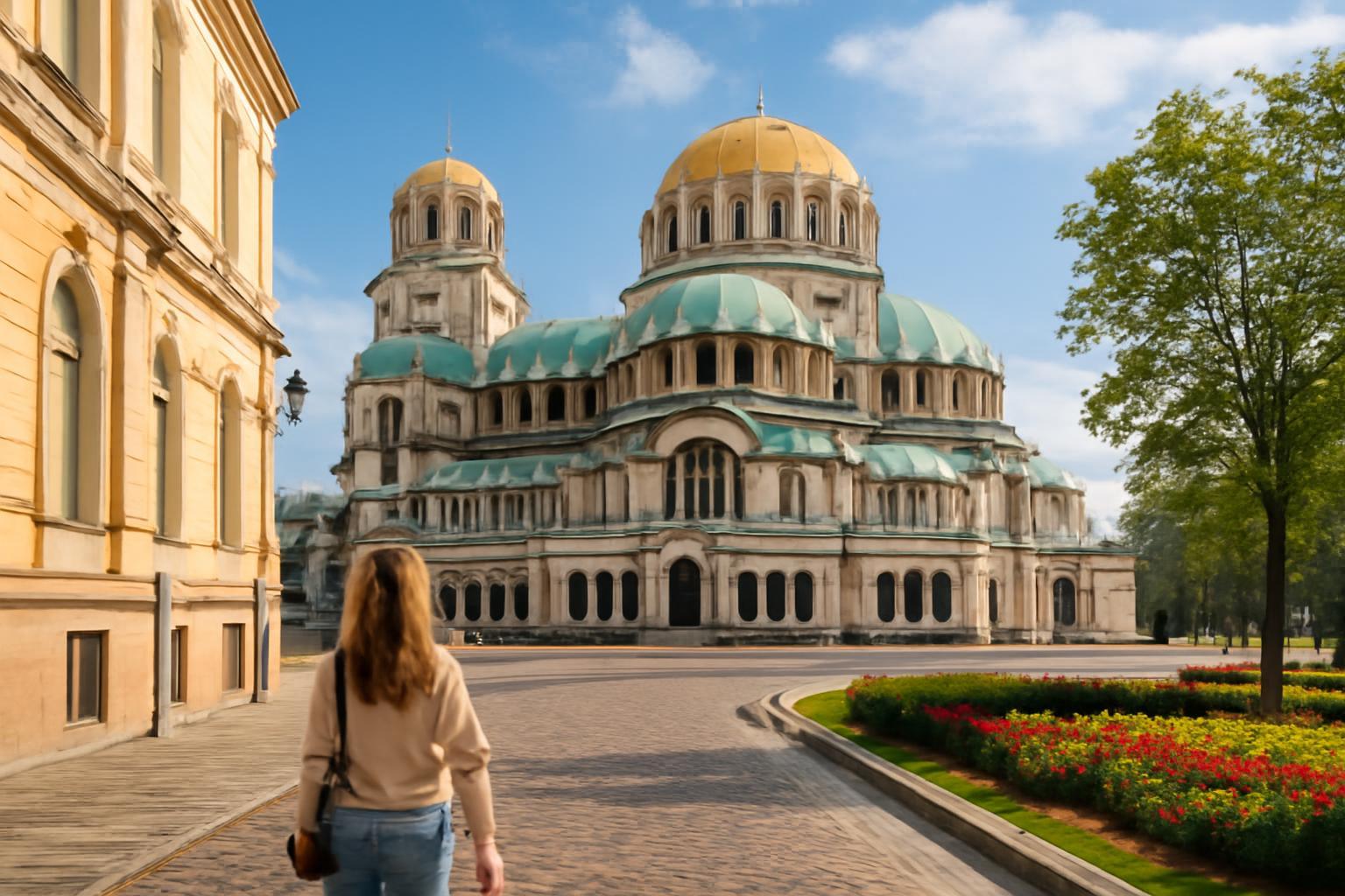 Egy látogató sétál a gyönyörű Alekszandr Nyevszkij-székesegyház előtt Szófiában.