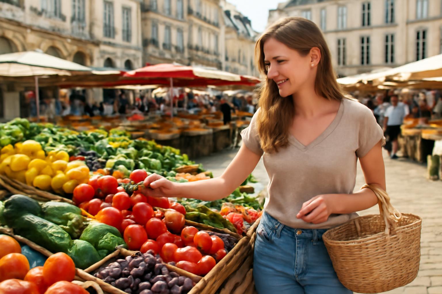 Egy nő a bordeaux-i piacon friss zöldségeket és gyümölcsöket nézeget.