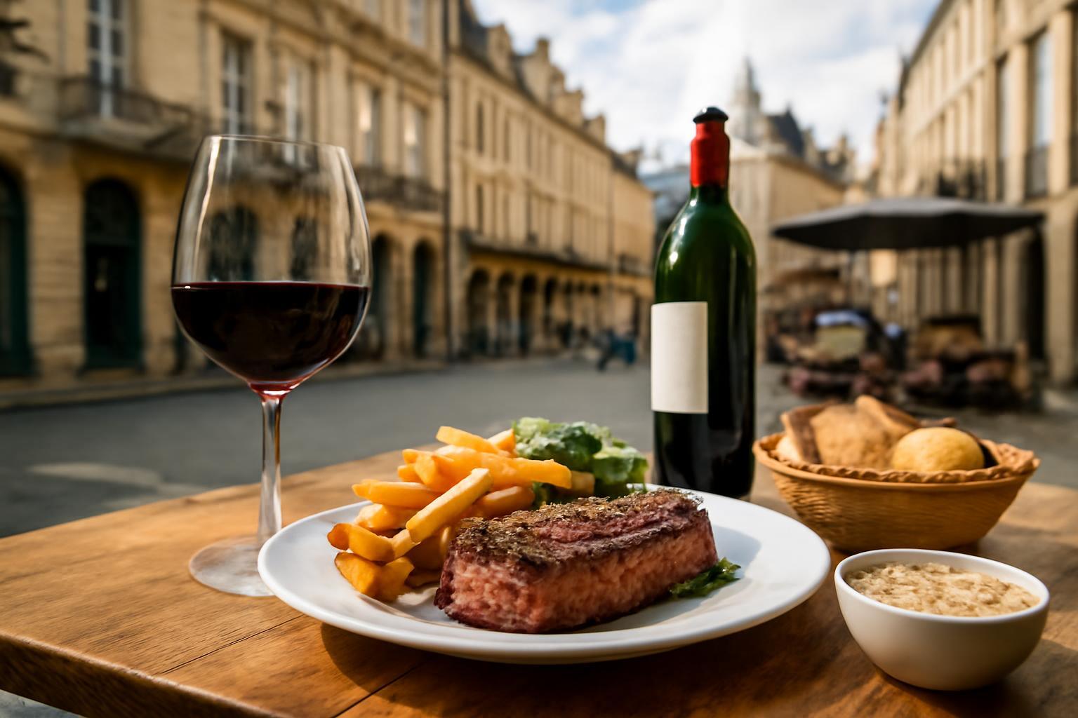 Egy ínycsiklandó steak, sült krumpli és saláta egy teraszon, Bordeaux városában.