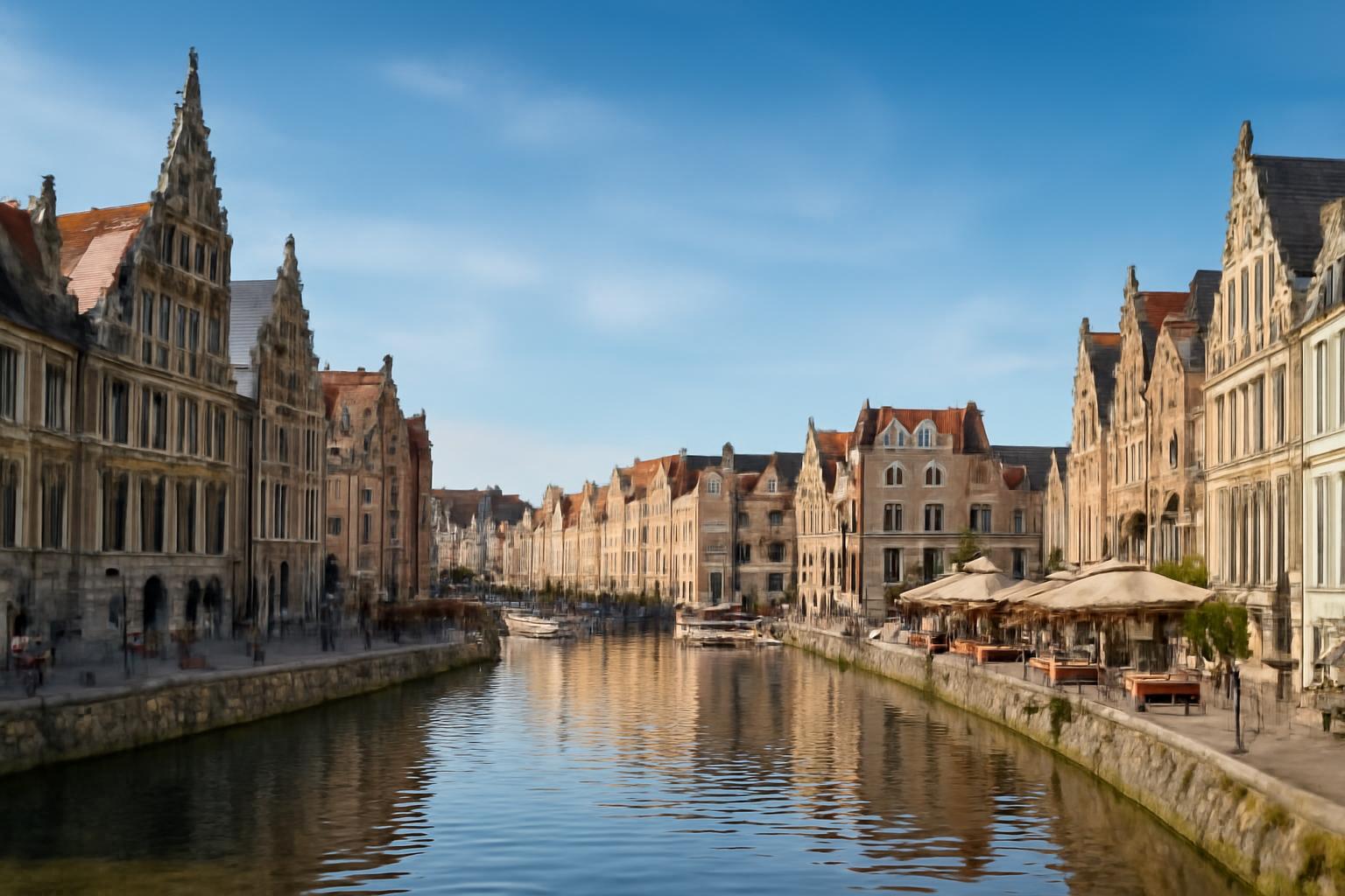 Gent városának folyóparti látképe, gyönyörű épületekkel és teraszokkal.