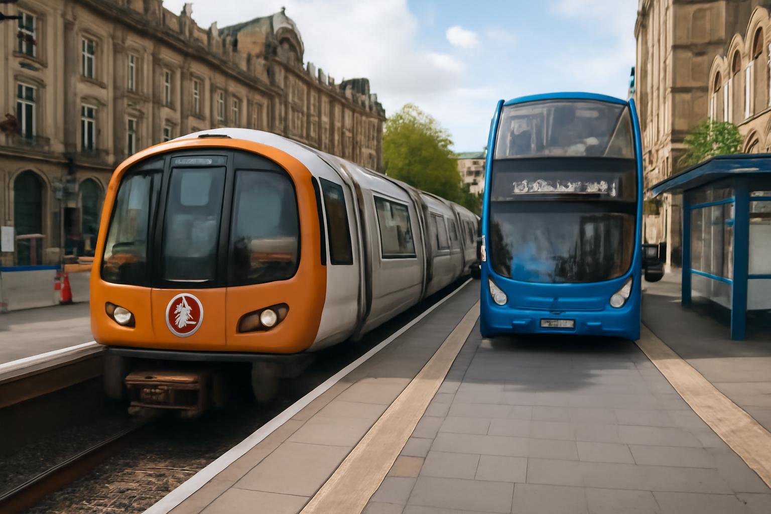 Egy Glasgow-i metró és egy kék busz várakozik a megállóban, háttérben városi épületekkel.