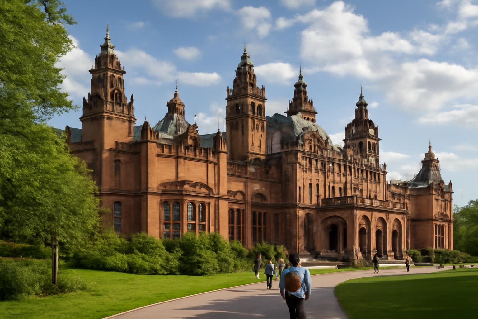 A Glasgow-i Kelvingrove Múzeum impozáns épülete zöld környezetben.