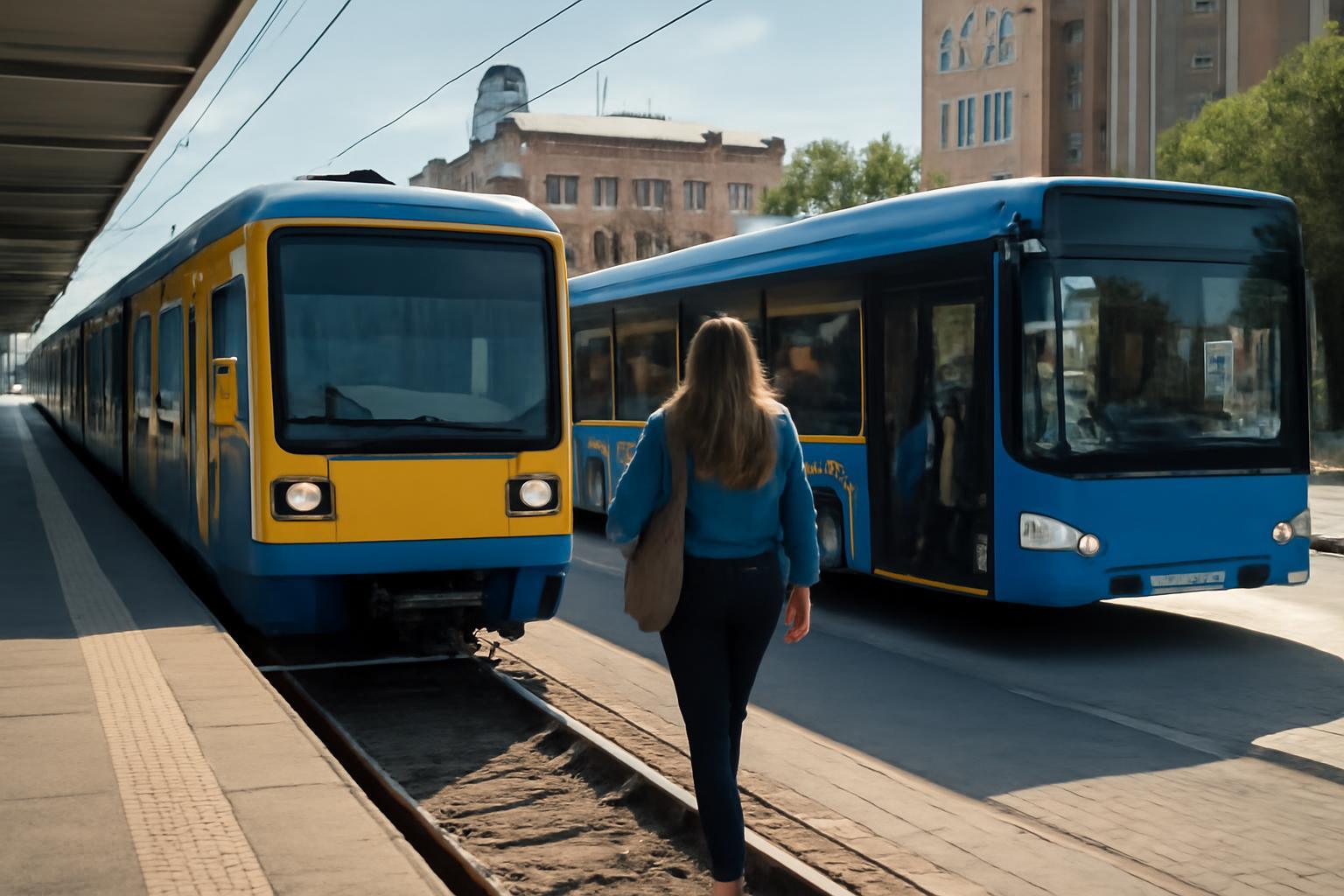 Egy nő a Szófiában közlekedő metró és busz mellett sétál.