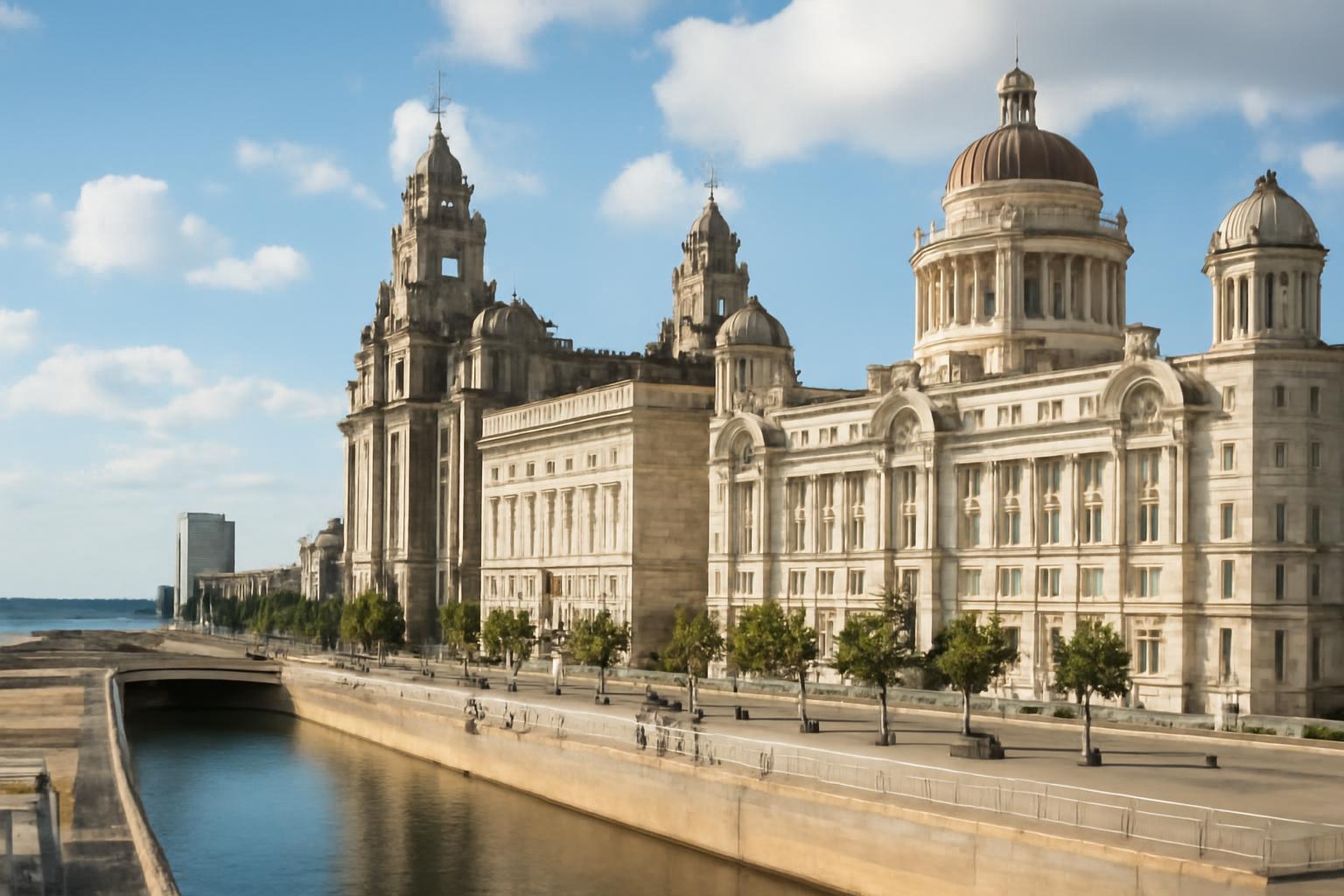A Liverpool kikötője, impozáns épületekkel és a Mersey folyóval.