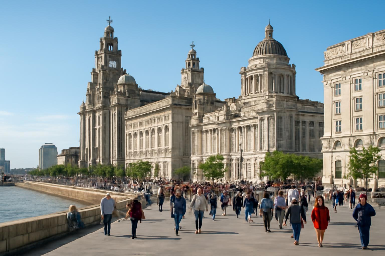 A Liverpool híres épületei a vízparton, emberek sétálnak a sétányon.