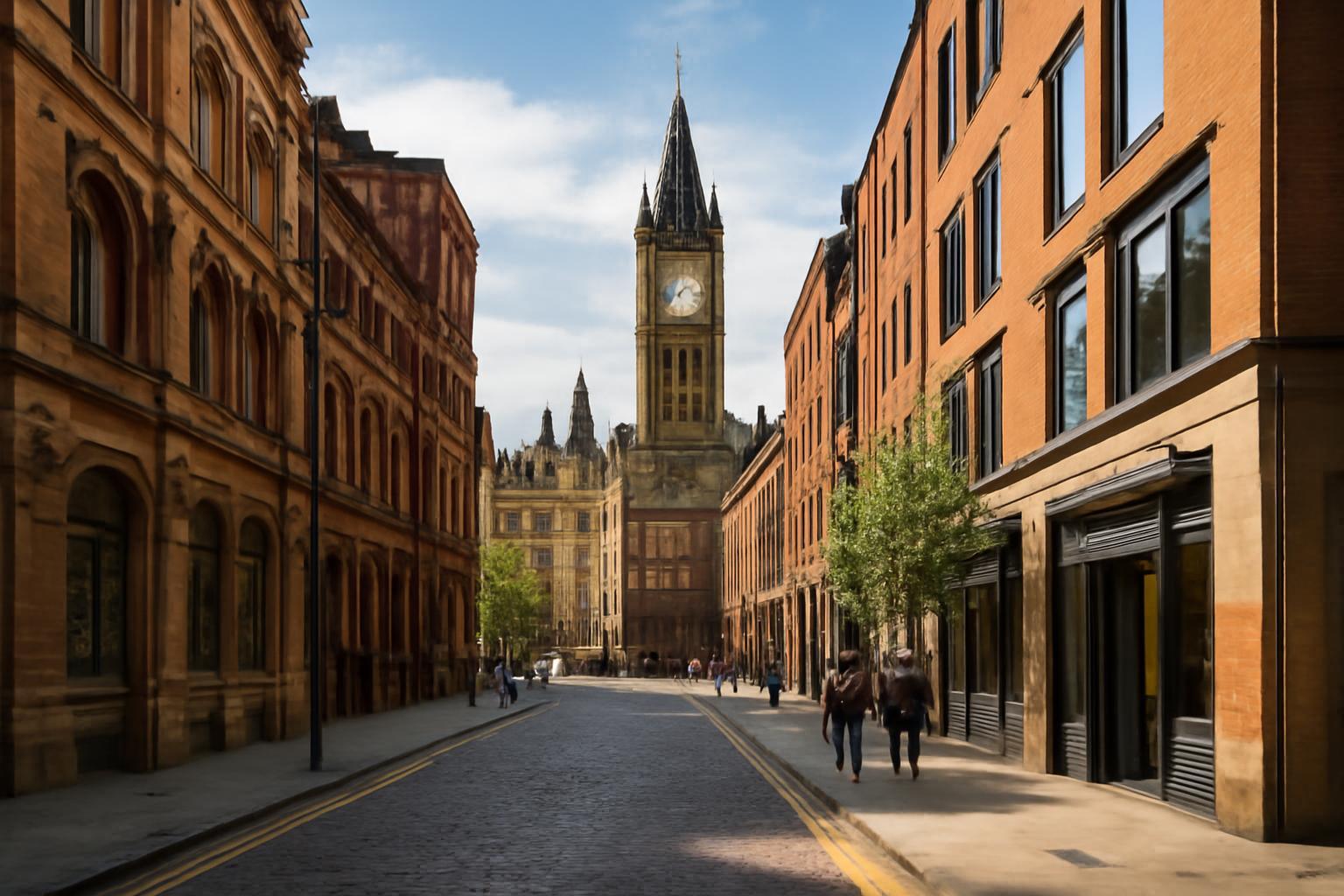 Manchester utcája, a háttérben a híres óratoronnyal és modern épületekkel.