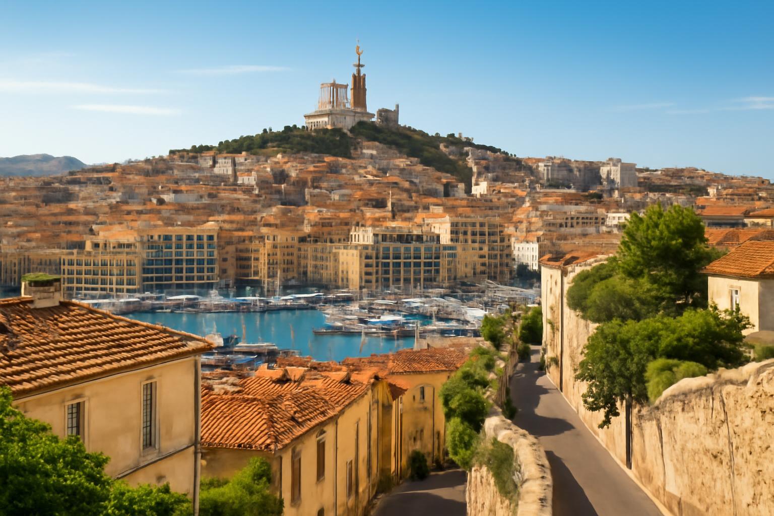 Marseille városának panorámája, a Notre-Dame de la Garde templommal a háttérben.