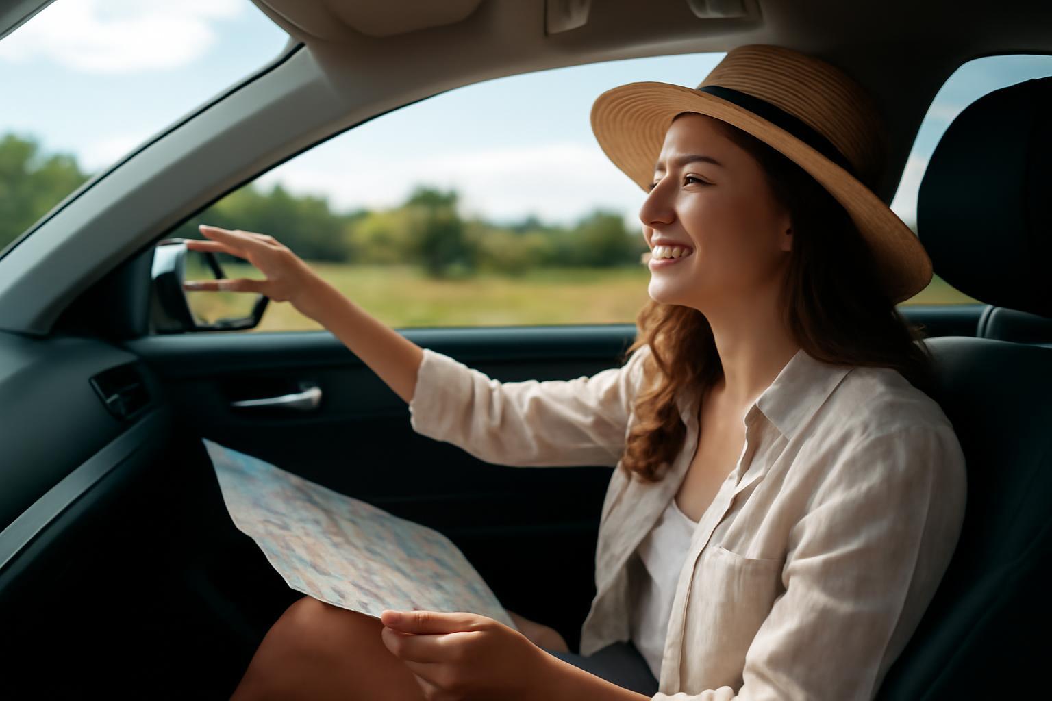 Egy fiatal nő mosolyogva ül az autóban, kezében térképpel, az úton nézve.