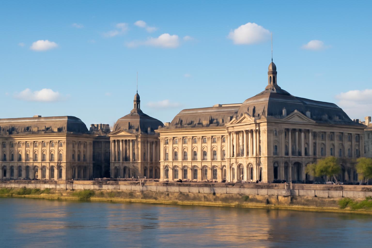 A Bordeaux folyópartján álló impozáns épület, világos kék éggel a háttérben.