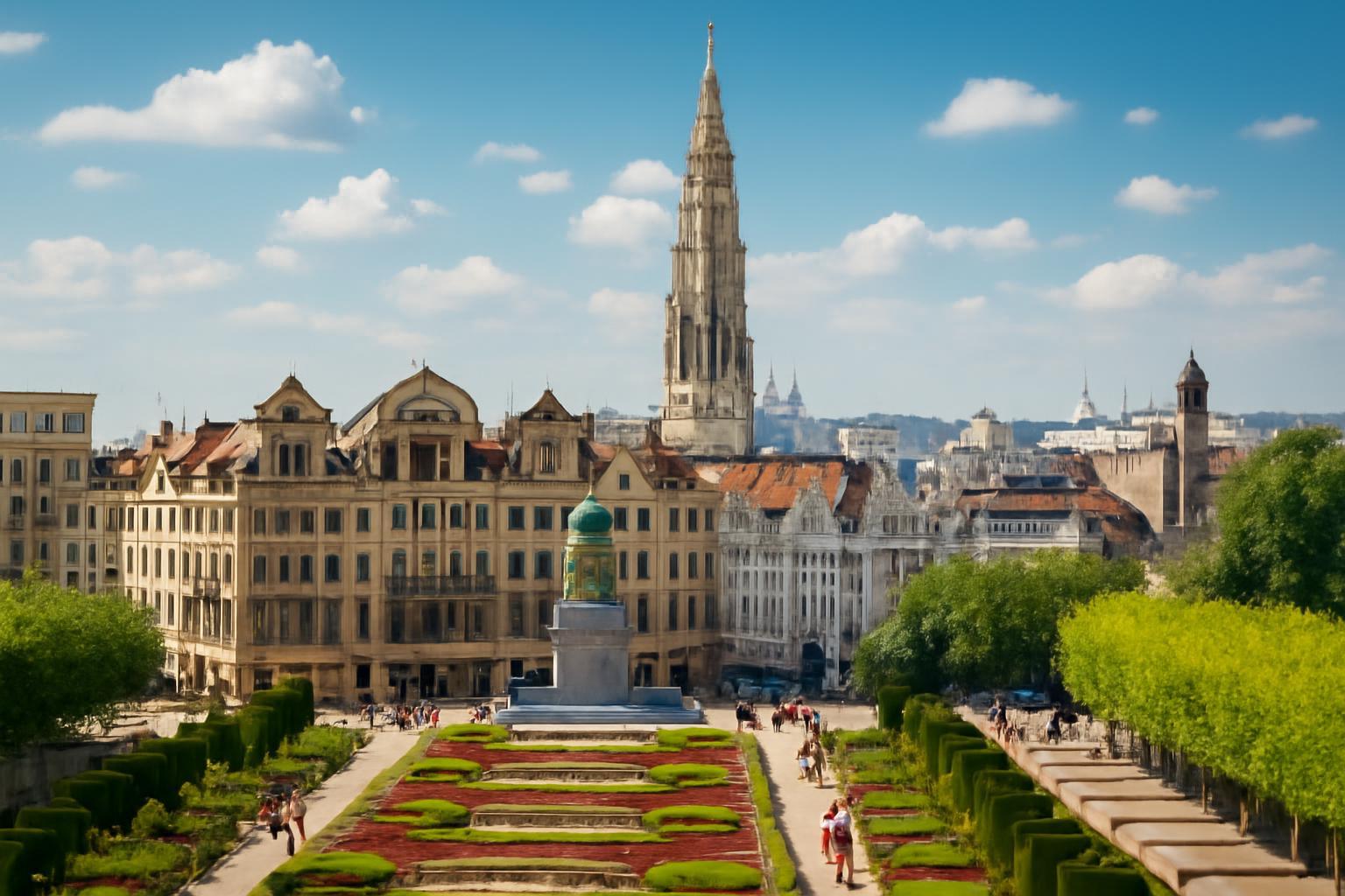 Brüsszel városának panorámája, zöld parkokkal és történelmi épületekkel.