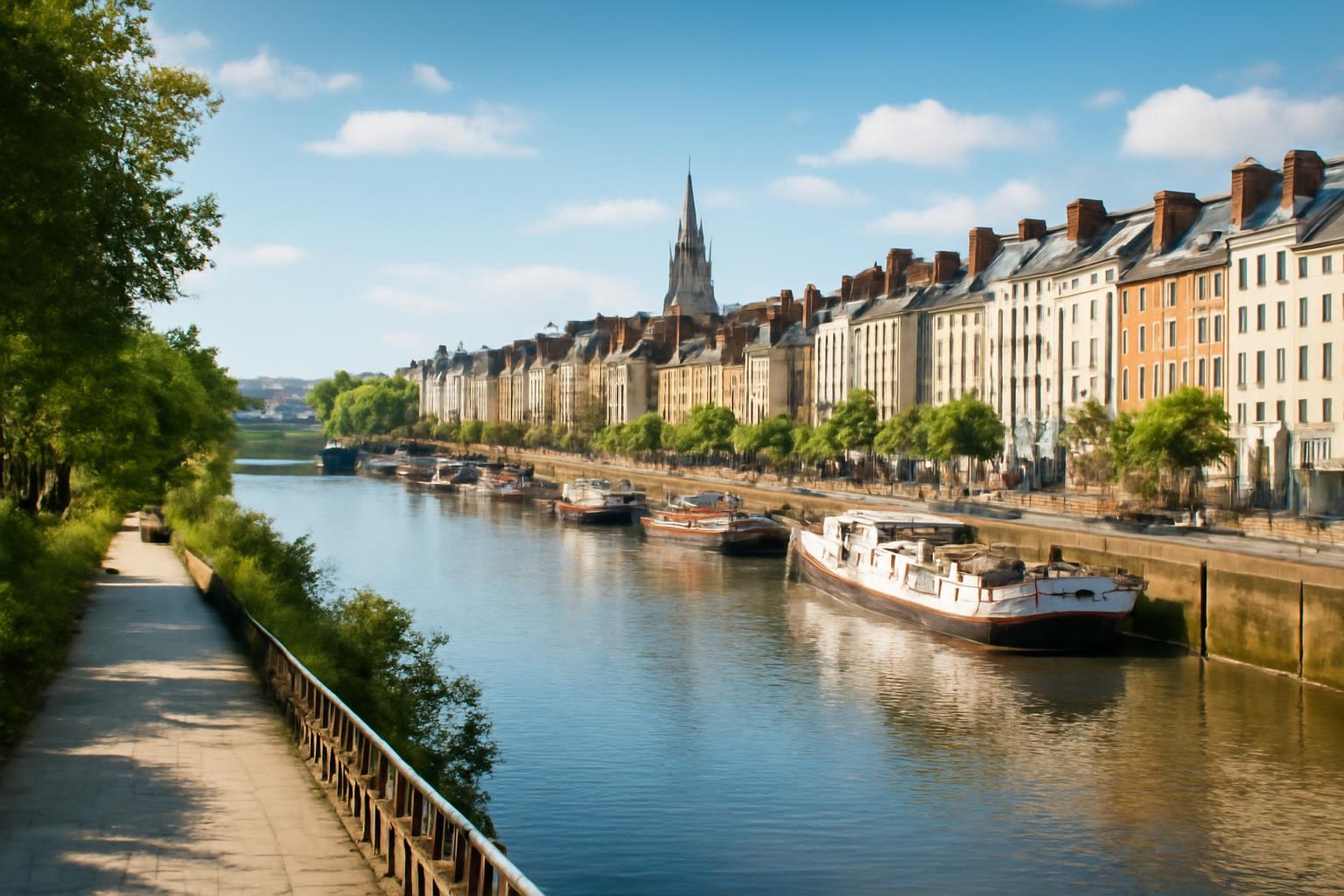Nantes városának folyópartja, gyönyörű épületekkel és hajókkal.