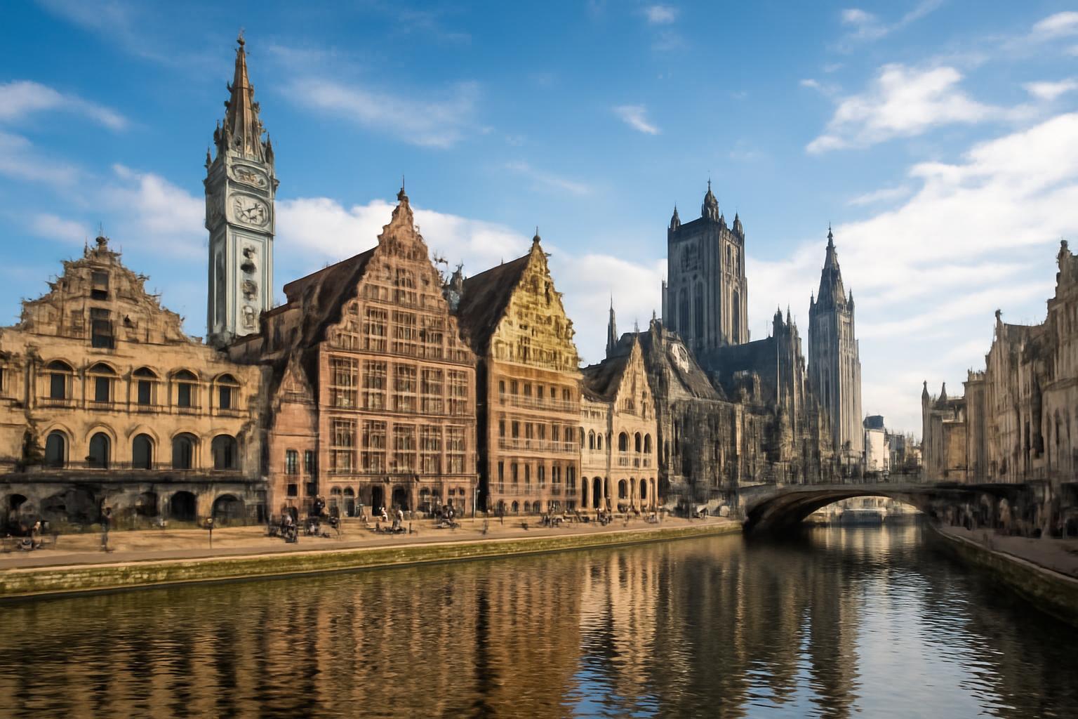 Gent városának gyönyörű épületei a vízparton, napfényben ragyogva.