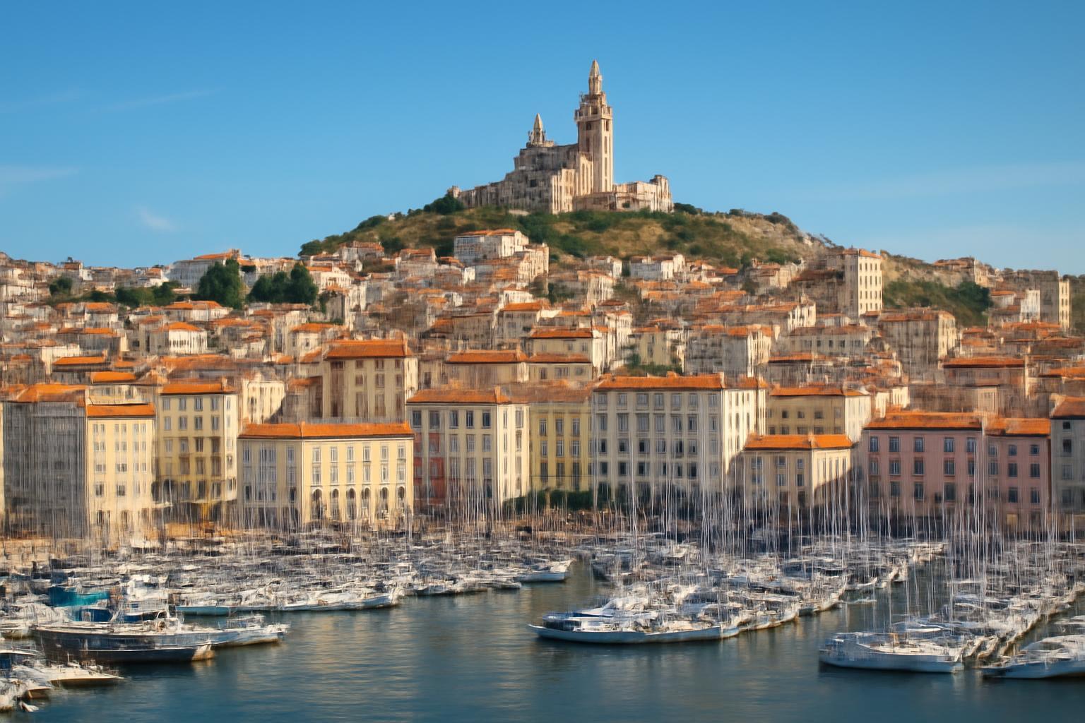 Marseille kikötője, háttérben a város épületeivel és a hegyen álló templommal.