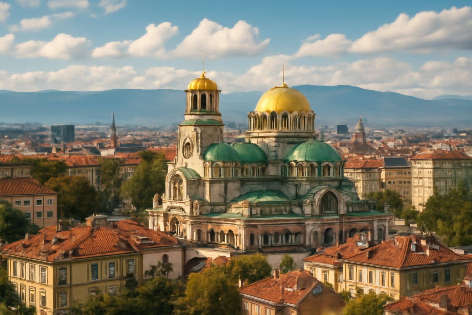 A Szófia központjában található Alexander Nevski székesegyház, zöld kupolákkal és arany kupolával.
