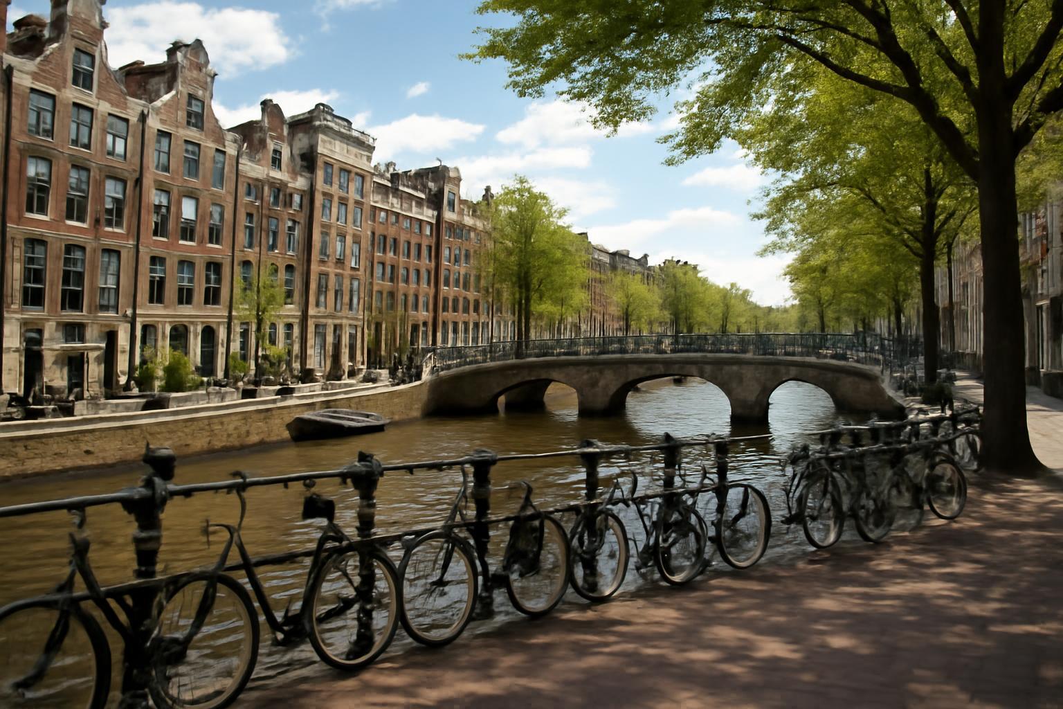 Amszterdam csatornája mellett álló kerékpárok és történelmi épületek.