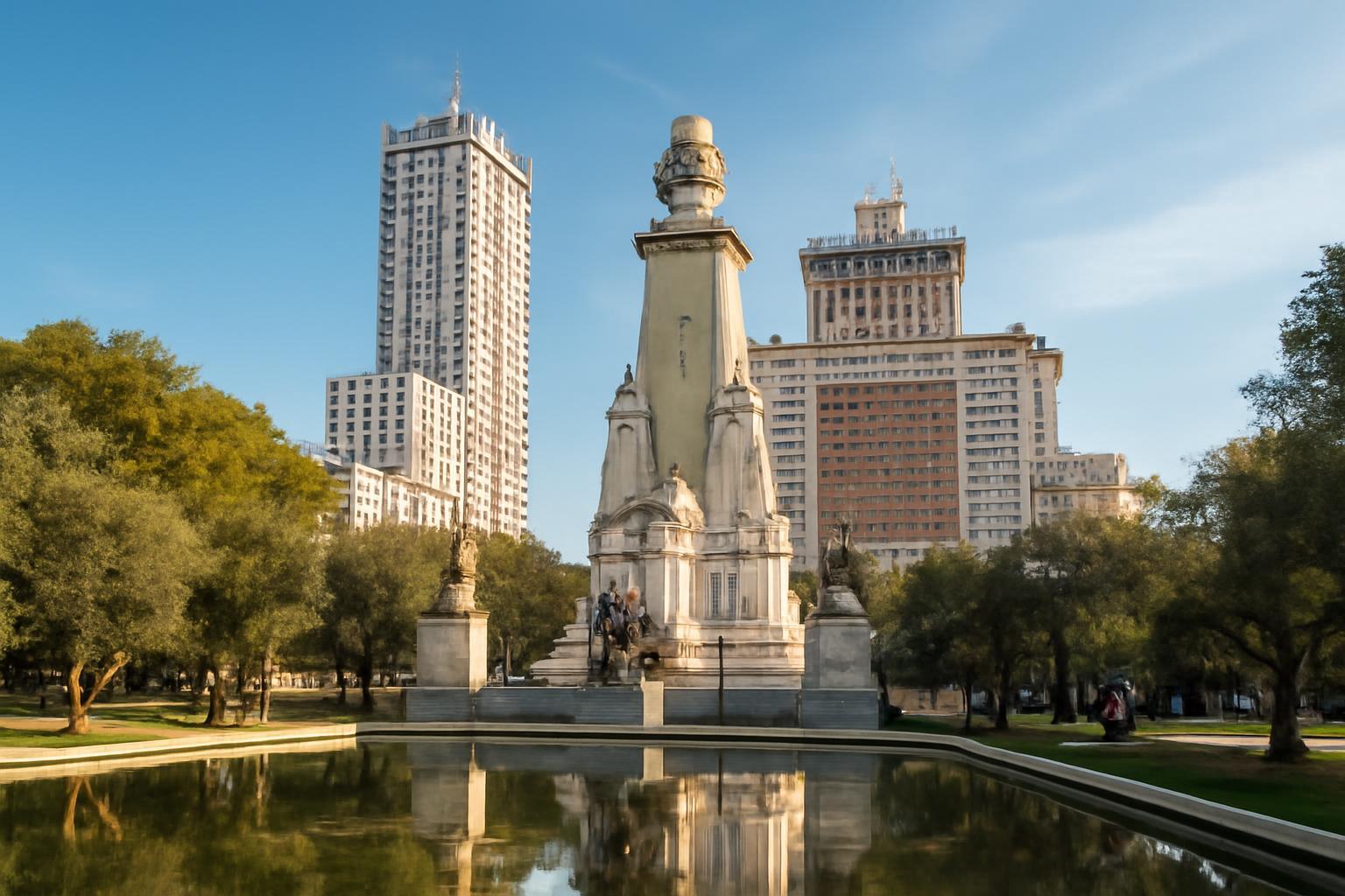 A Madrid központjában található monumentális szobor, zöld fák és modern épületek között.