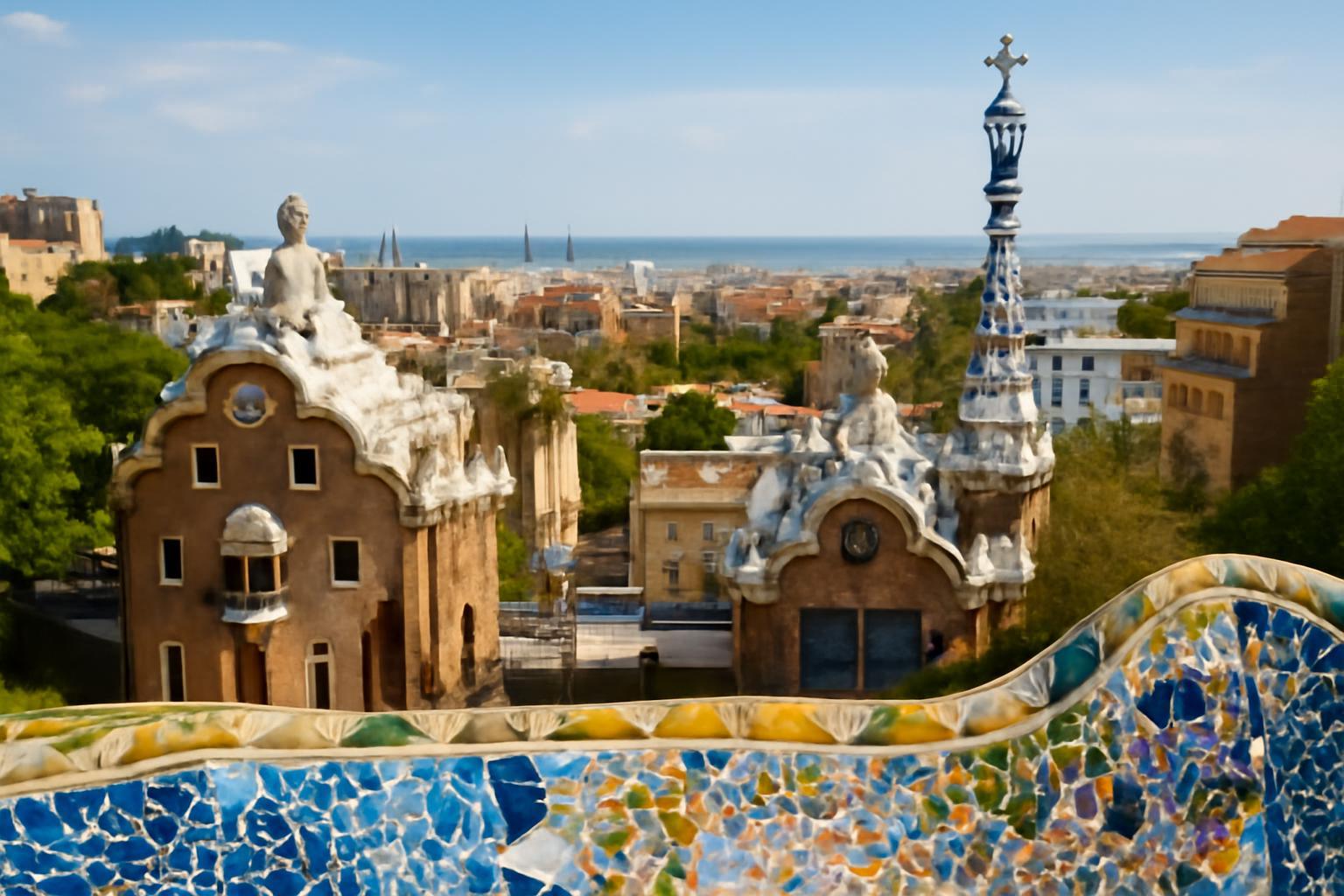 A Park Güell színes mozaikja és Gaudí épületei Barcelonában.