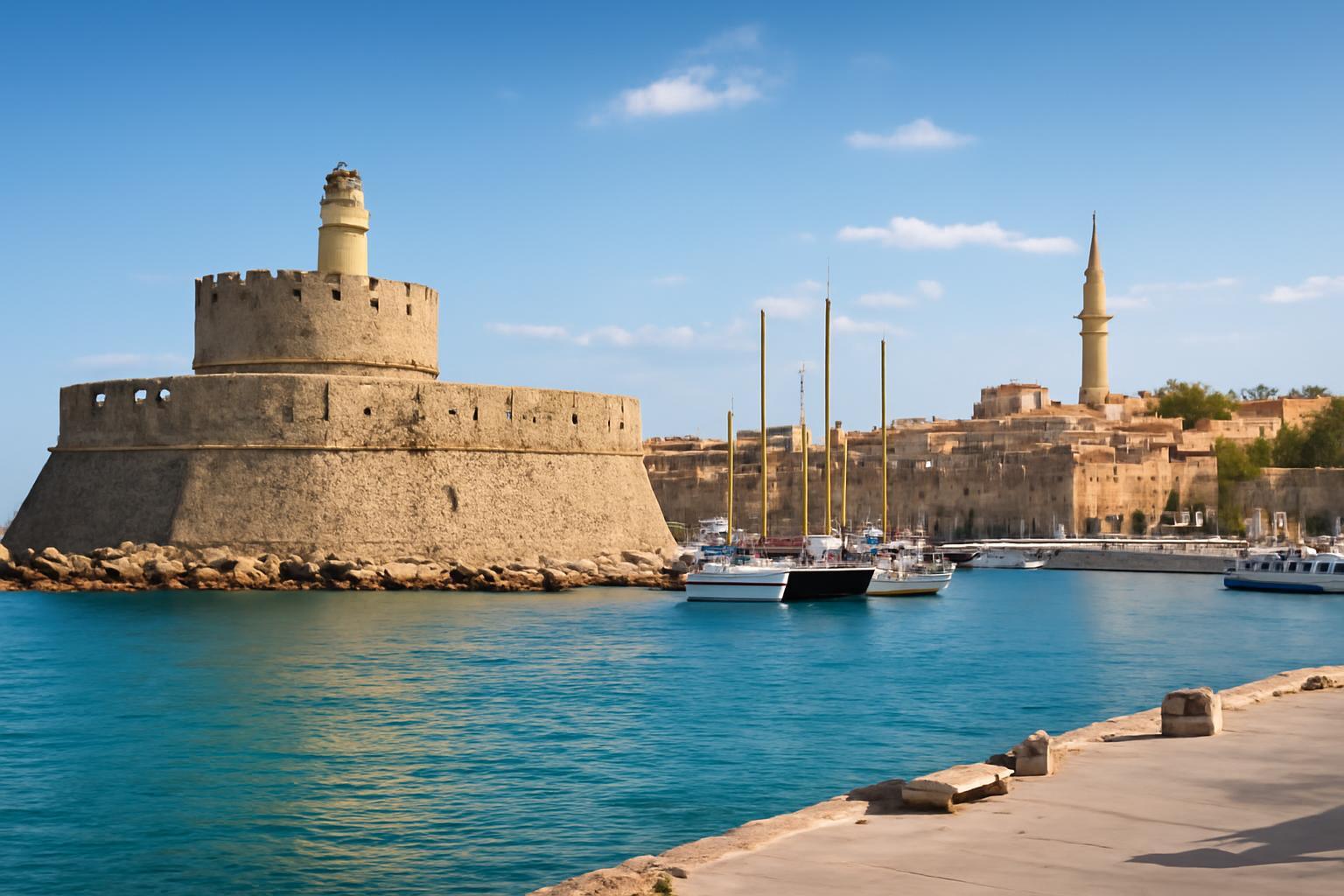 A Rodoszi kikötő ikonikus toronyépülete és hajók a vízen.