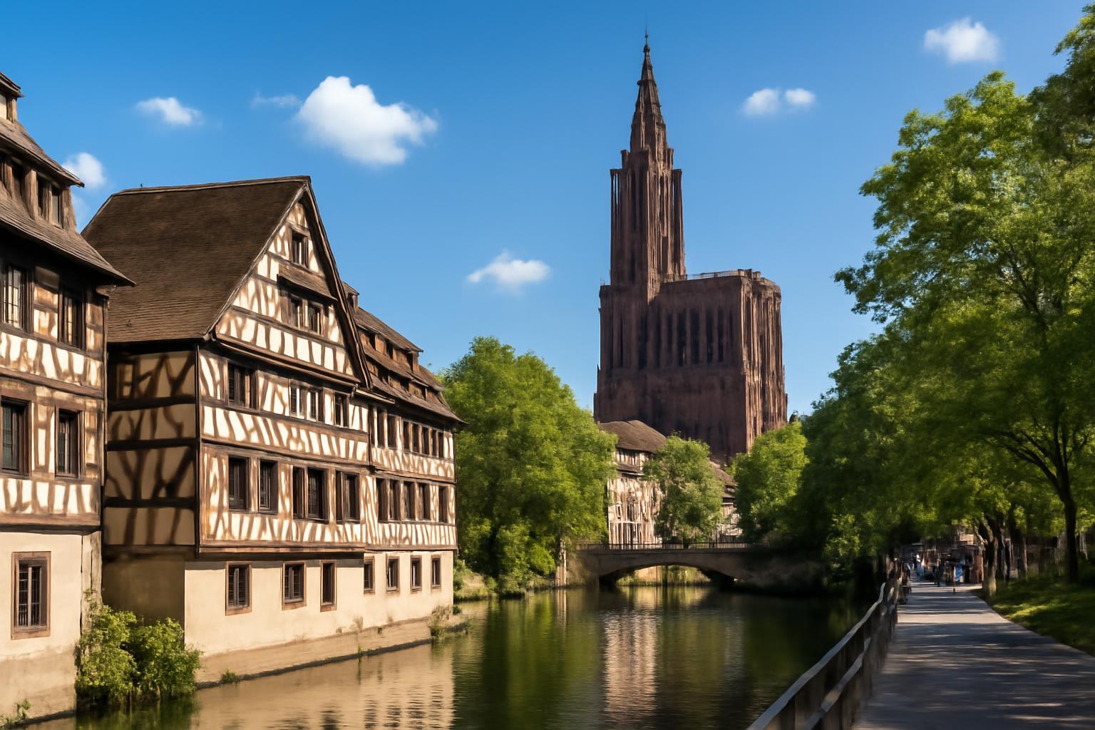 Strasbourg festői csatornája mellett álló, hagyományos félfás házak és a híres katedrális.