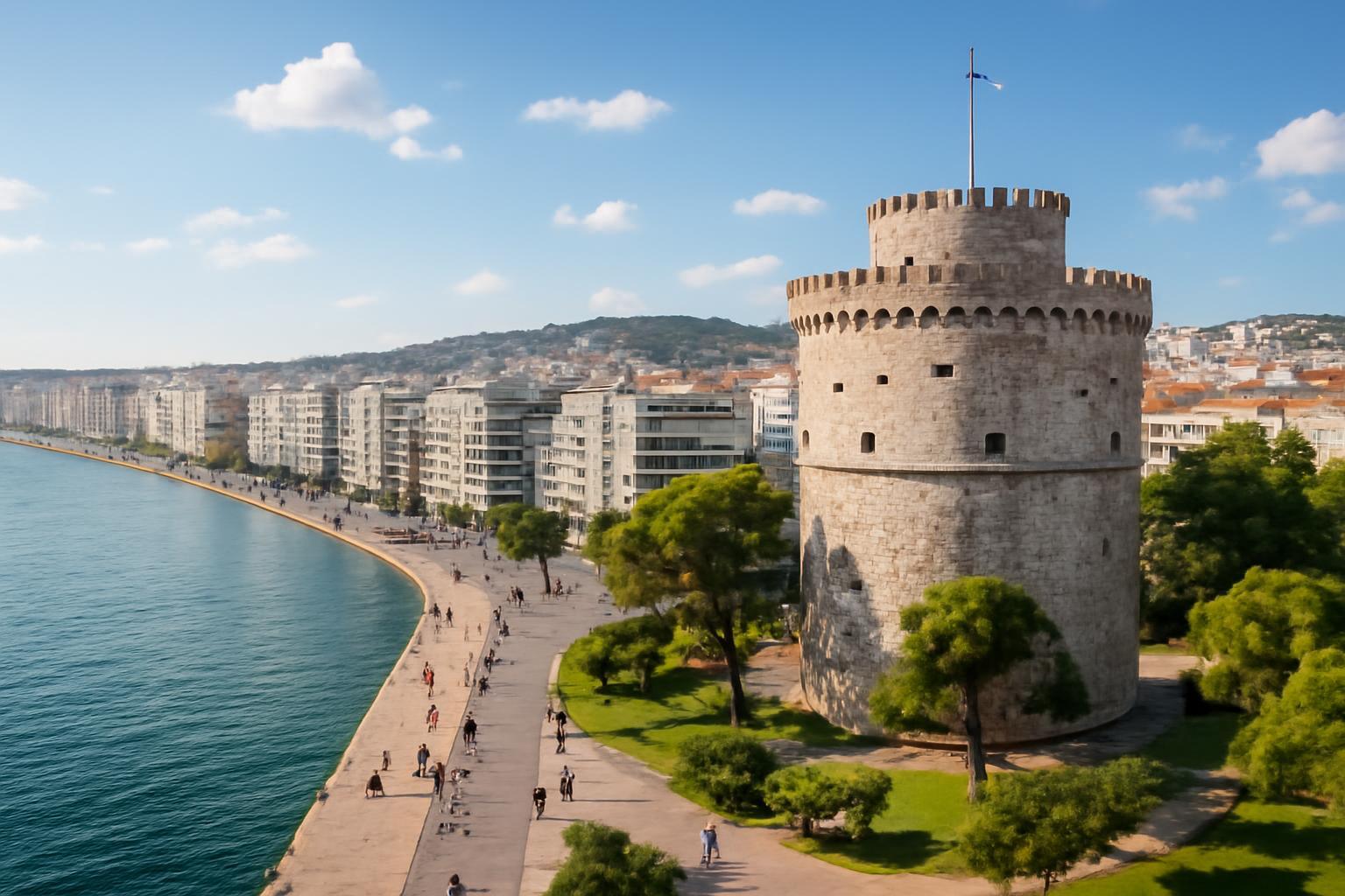 A Szaloniki Fehér tornya a tengerparti sétány mellett, zöld fák és modern épületek között.