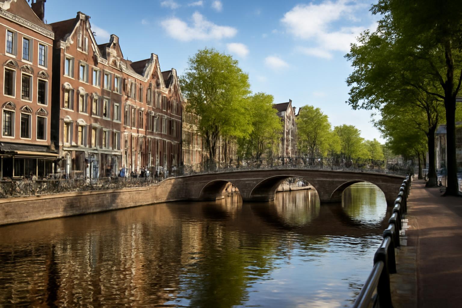 Amszterdam csatornája mellett álló, gyönyörű régi házak és egy íves híd.