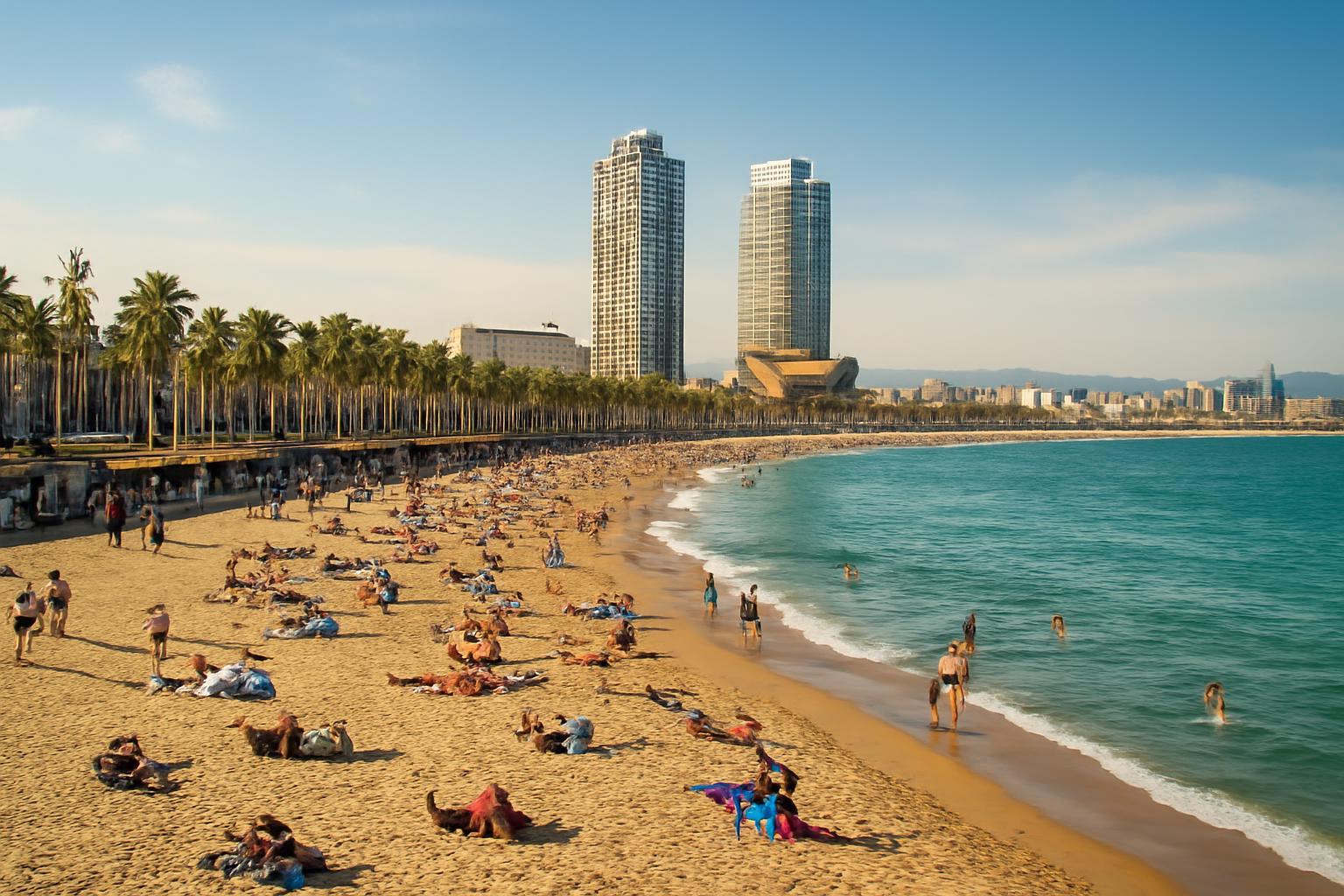 Barcelona tengerpartja, napozó emberekkel és modern épületekkel a háttérben.