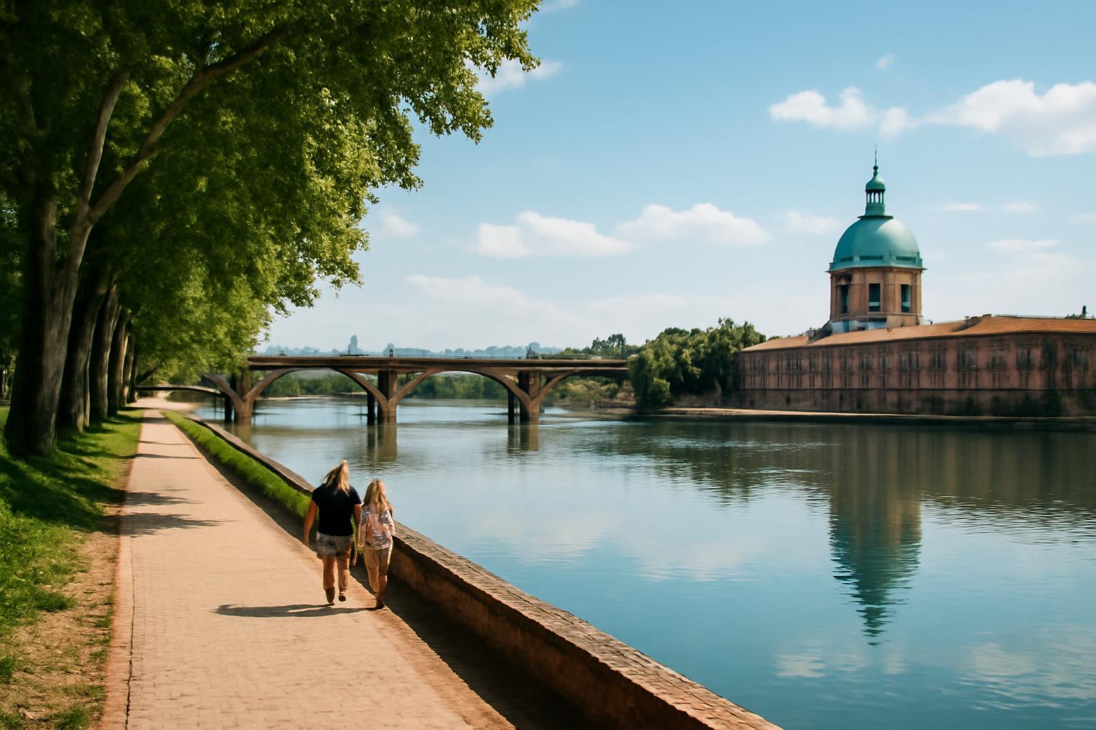 Két nő sétál a Garonne folyó partján, zöld fákkal szegélyezett úton Toulouse-ban.