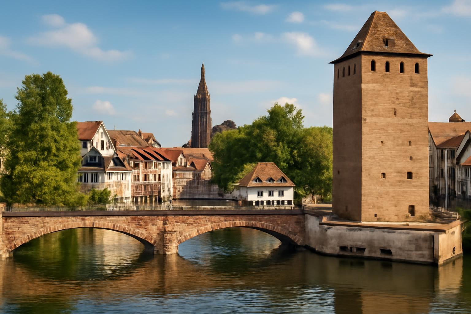 Strasbourg városának híres hídja és tornya a vízparton, zöld fákkal körülvéve.