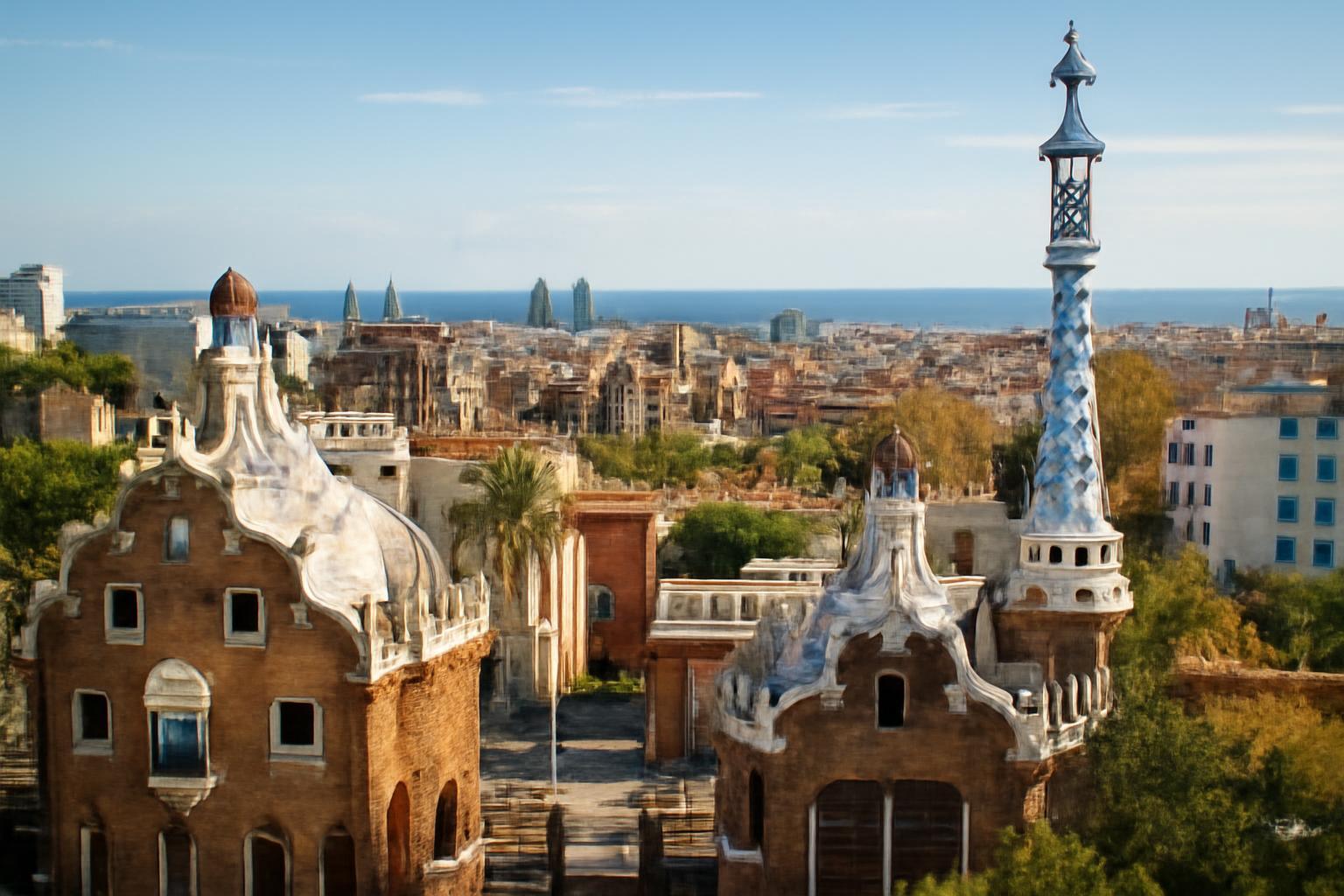 Barcelona Park Güell színes épületei és a tenger látképe.