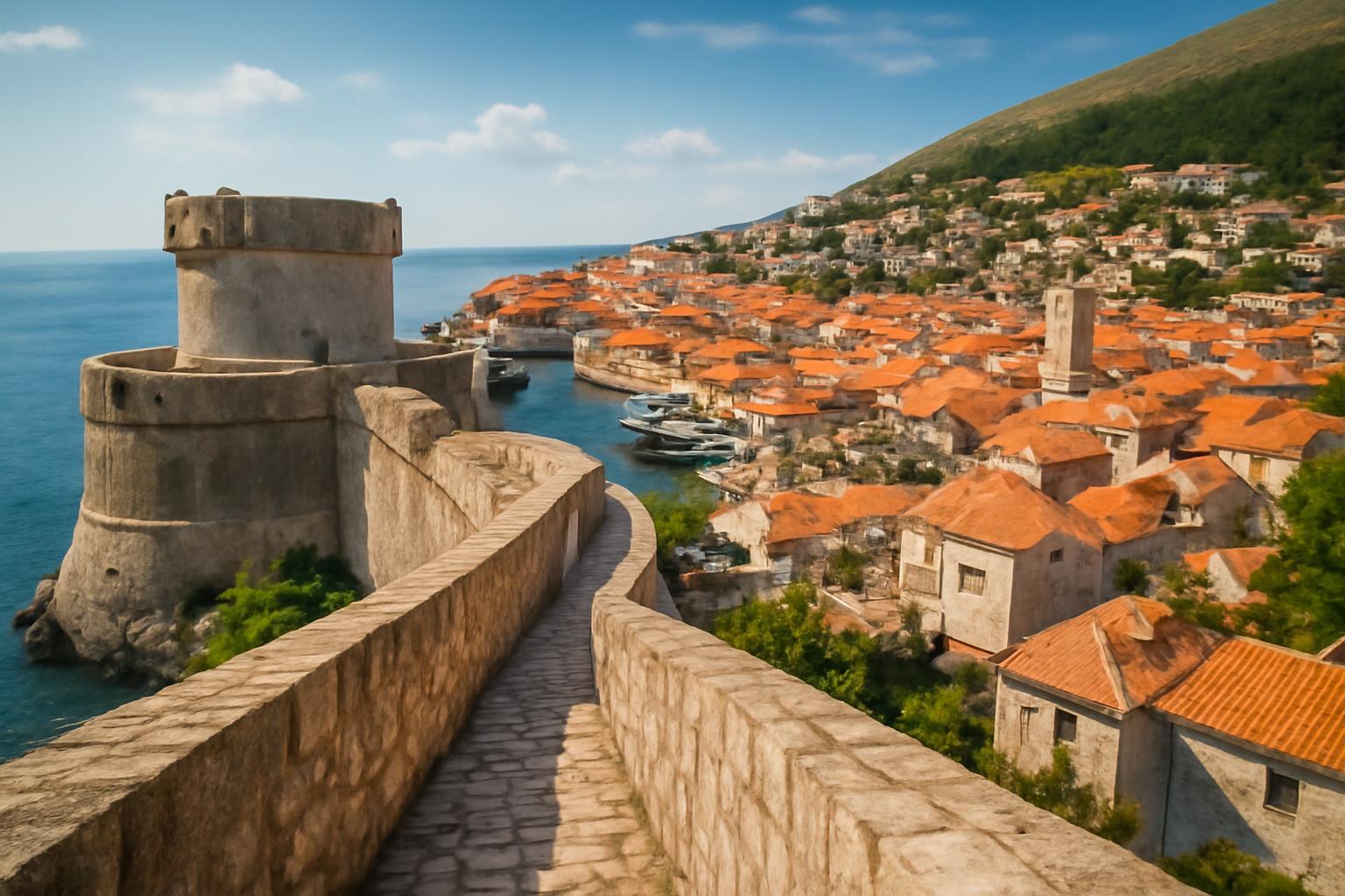 Dubrovnik városfalai és a tengerparti házak látképe narancssárga tetőkkel.