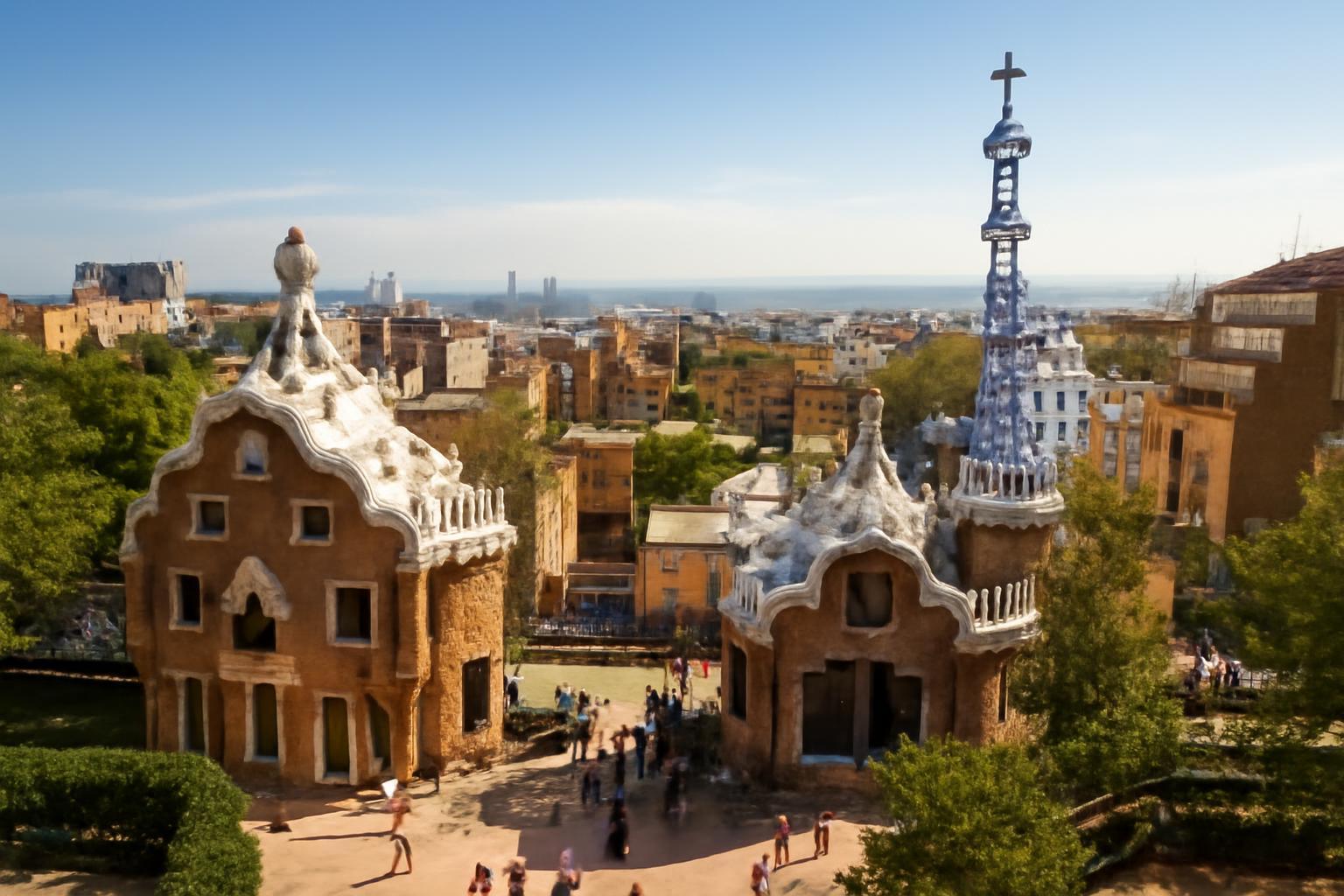 A Güell Park színes mozaikjaival és különleges épületeivel, Barcelonában.