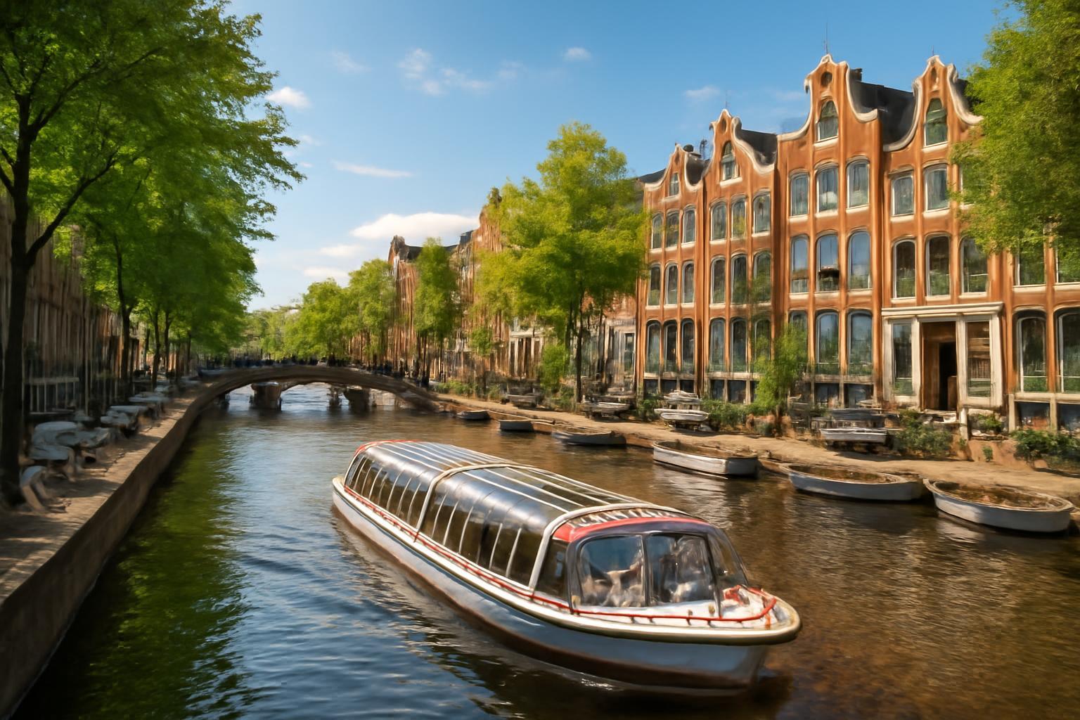 Amszterdam csatornáján hajózó vízi jármű, zöld fák és gyönyörű épületek között.