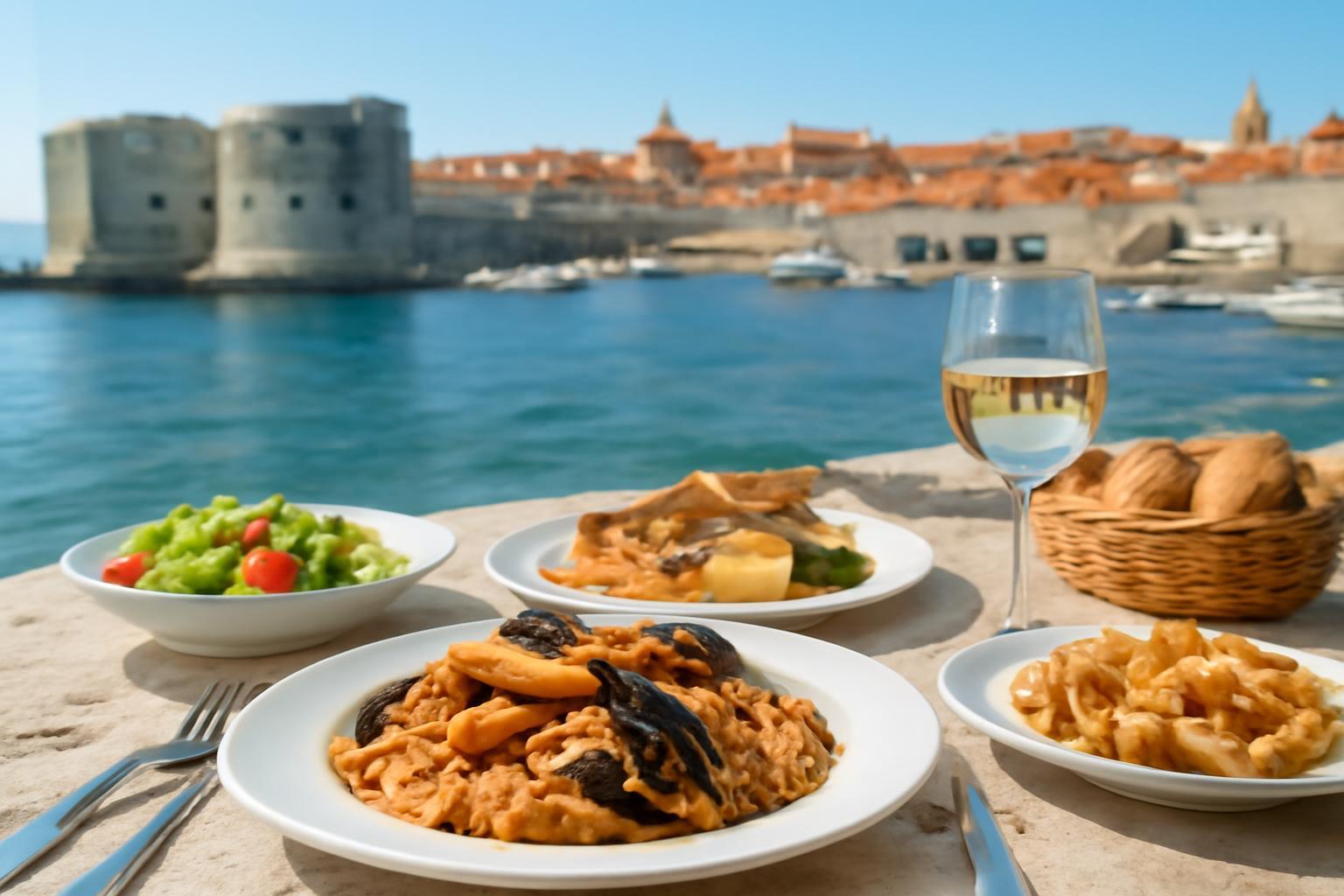 Tengeri ételek és saláta egy étterem teraszán, Dubrovnikban.