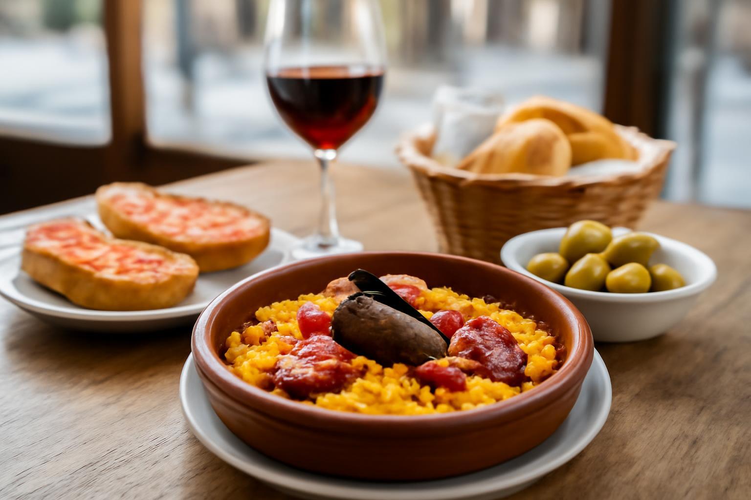 Egy ízletes paella tál, friss zöldségekkel és kolbásszal, tapas és olívabogyó társaságában.